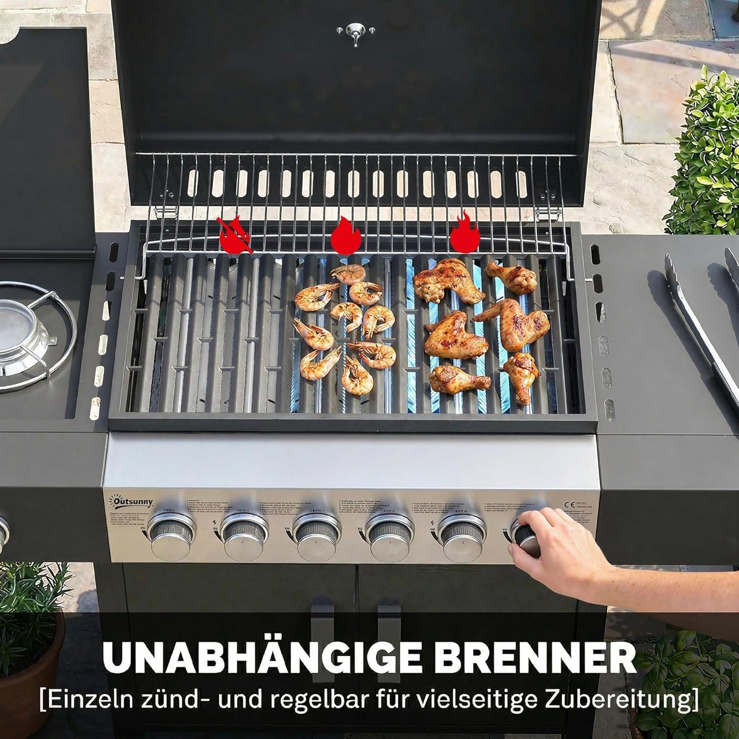 Outsunny Gasgrill 17,8 KW 6+1 Brenner BBQ Grillwagen aus Edelstahl inkl Rolle Seitenbrenner Thermometer Emaille-Grillrost Warmhalterost Seitentisch Unterschrank, Gas-Grill für Balkon BBQ Party — Ansicht 4