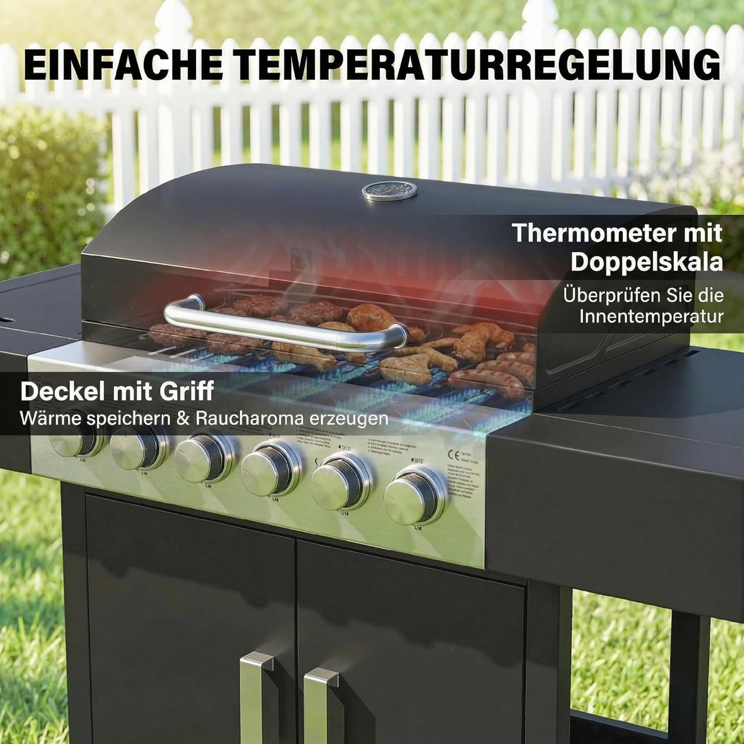 Outsunny Gasgrill 17,8 KW 6+1 Brenner BBQ Grillwagen aus Edelstahl inkl Rolle Seitenbrenner Thermometer Emaille-Grillrost Warmhalterost Seitentisch Unterschrank, Gas-Grill für Balkon BBQ Party — Ansicht 5
