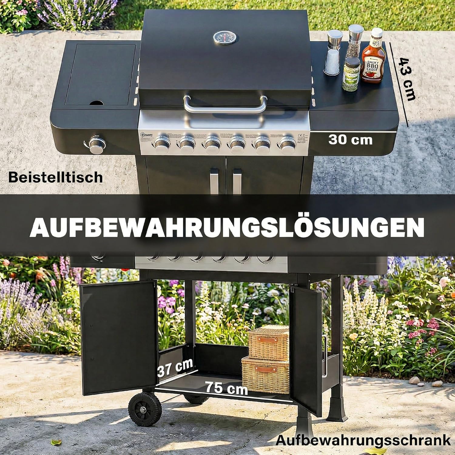 Outsunny Gasgrill 17,8 KW 6+1 Brenner BBQ Grillwagen aus Edelstahl inkl Rolle Seitenbrenner Thermometer Emaille-Grillrost Warmhalterost Seitentisch Unterschrank, Gas-Grill für Balkon BBQ Party — Ansicht 6