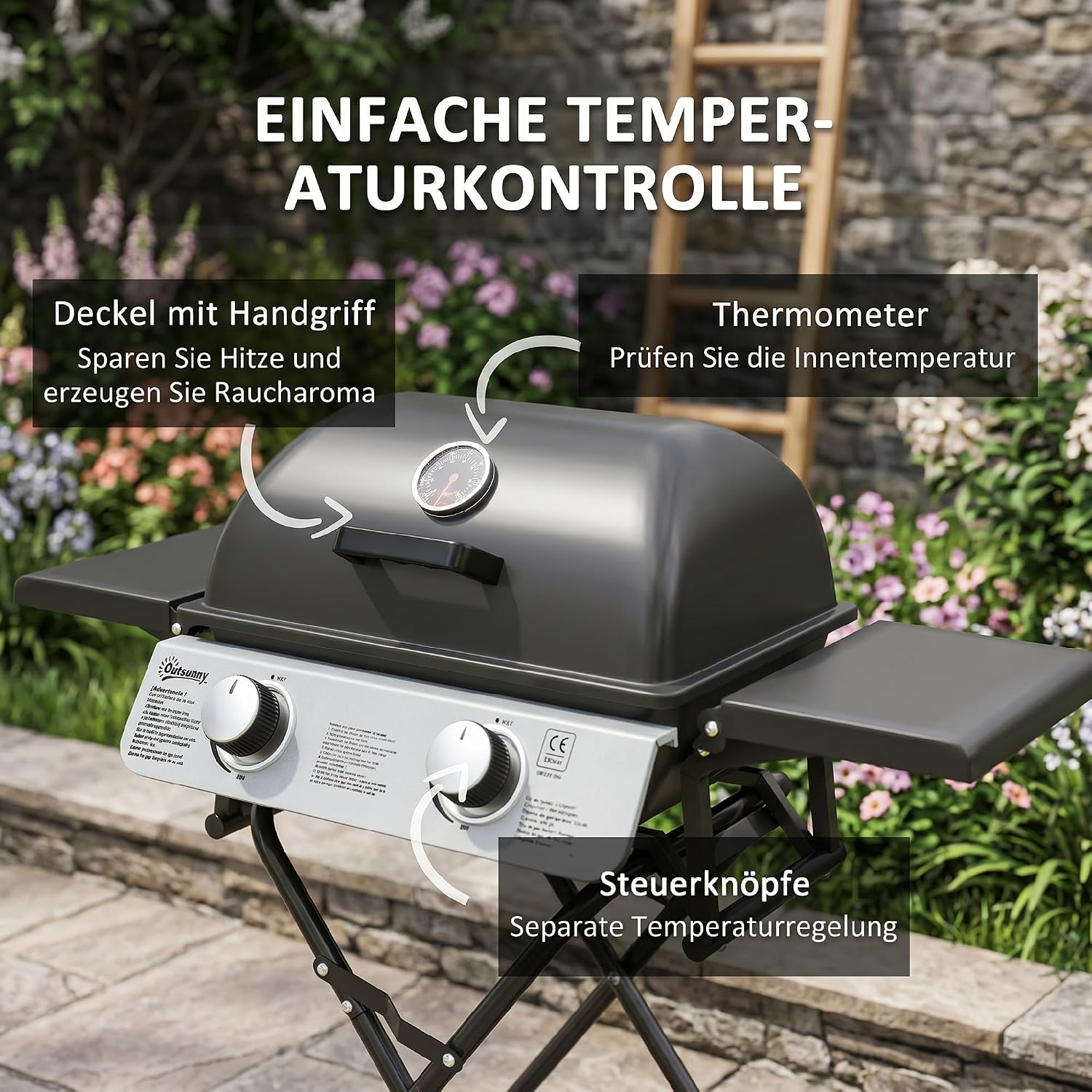 Outsunny Gasgrill 5,6 KW mit 2 Edelstahl-Brennern, klappbarer Grillwagen, Seitenablagen, Rollen, Deckel mit Thermometer, Druckminderer und Gasschlauch, BBQ Gartengrill, Camping-Grill 101 x 50 x 102 cm — Ansicht 5