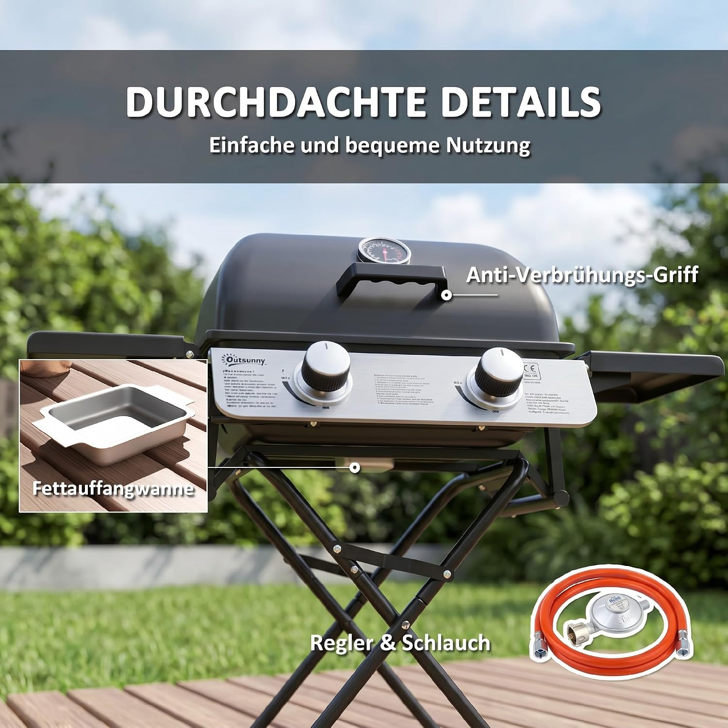 Outsunny Gasgrill 5,6 KW mit 2 Edelstahl-Brennern, klappbarer Grillwagen, Seitenablagen, Rollen, Deckel mit Thermometer, Druckminderer und Gasschlauch, BBQ Gartengrill, Camping-Grill 101 x 50 x 102 cm — Ansicht 6