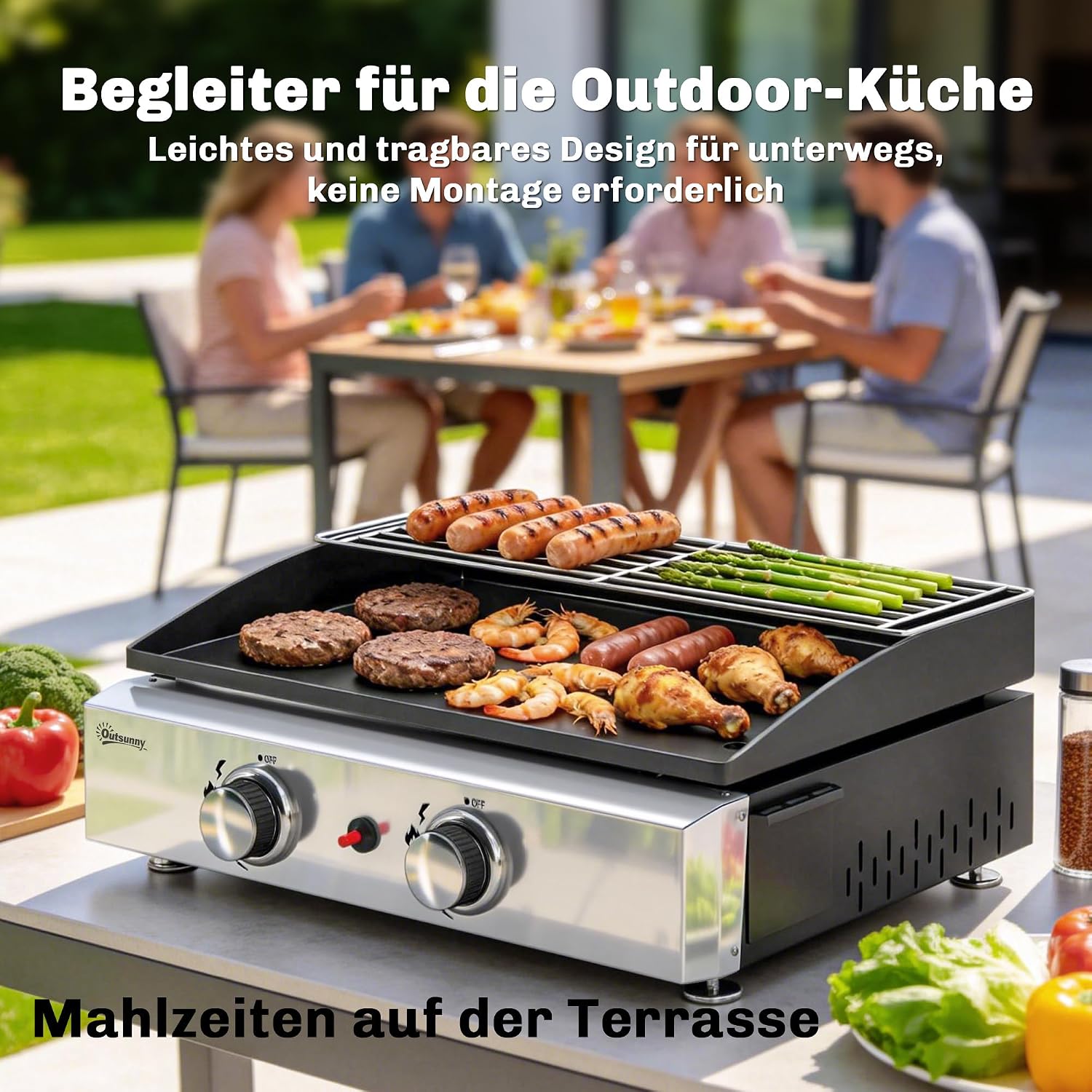 Outsunny Gasgrill 5 KW Tragbarer Tischgrill mit 2 Brenner Keramische Lackbeschichtung Grillrost Warmhalterost herausnehmbar Fettauffangschale, Edelstahl Picknickgrill Tischgasgrill für Garten Balkon — Ansicht 6