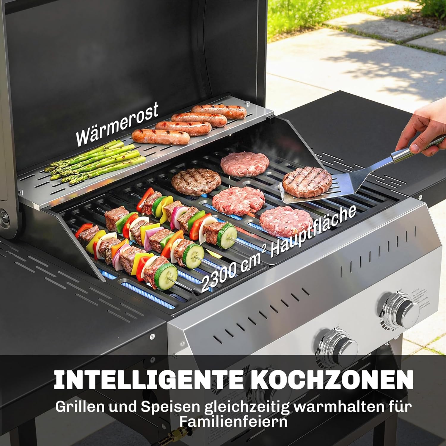 Outsunny Gasgrill 9 KW 3 Brenner BBQ Grillwagen Edelstahl inkl klappbar Seitentisch Gewürzhalter Unterregal 6 Haken Thermometer Emaille-Grillrost Warmhalterost Rolle Gas-Grill für Balkon Party — Ansicht 5