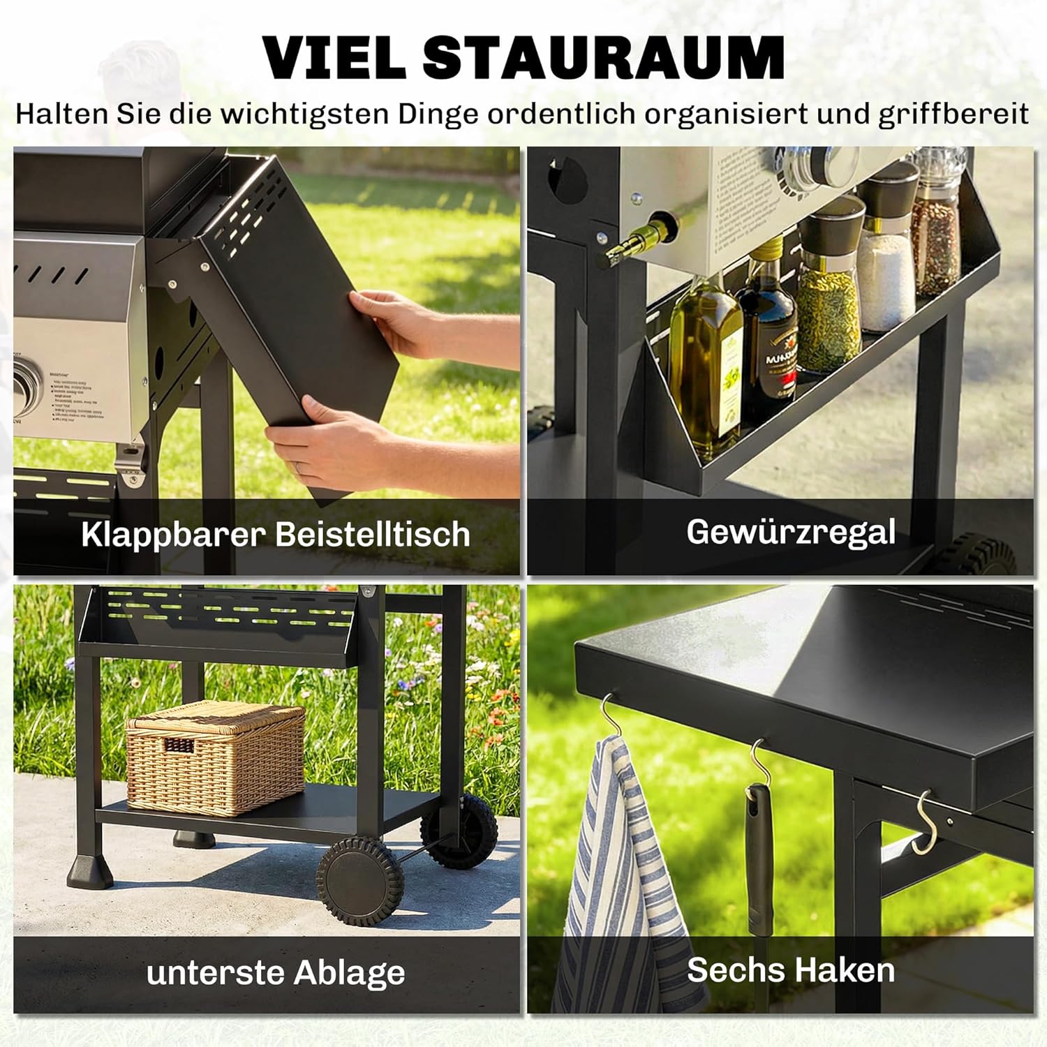 Outsunny Gasgrill 9 KW 3 Brenner BBQ Grillwagen Edelstahl inkl klappbar Seitentisch Gewürzhalter Unterregal 6 Haken Thermometer Emaille-Grillrost Warmhalterost Rolle Gas-Grill für Balkon Party — Ansicht 6