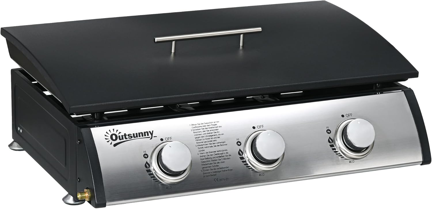 Outsunny Gasgrill mit 3 Brenner 7,5 kW Grillfläche 61 × 35,5 cm tragbarer Tischgrill mit Deckel Tischgasgrill aus Edelstahl BBQ Campinggrill für Garten Balkon Camping Schwarz