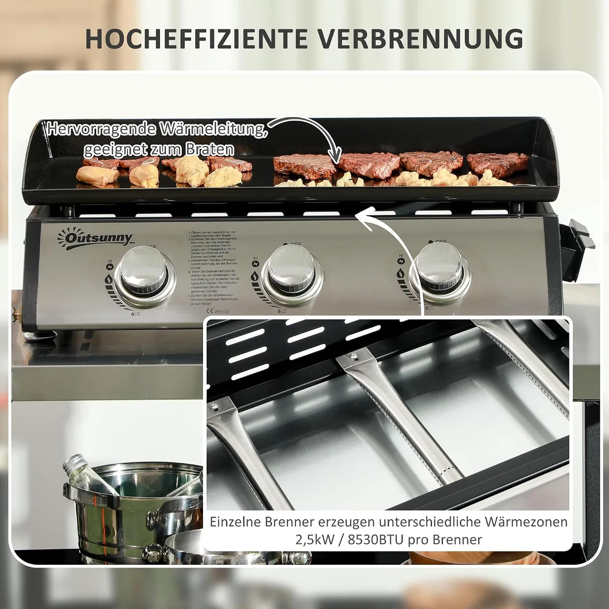 Gasgrill mit 3 Brenner 7,5 kW Grillfläche 61 × 35,5 cm… — Ansicht 3