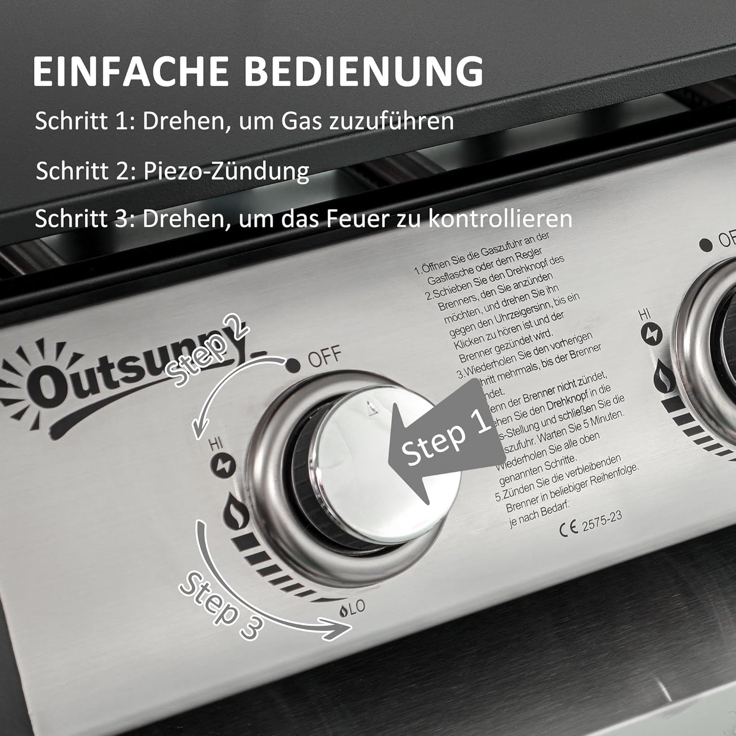 Outsunny Gasgrill mit 3 Brenner 7,5 kW Grillfläche 61 × 35,5 cm tragbarer Tischgrill mit Deckel Tischgasgrill aus Edelstahl BBQ Campinggrill für Garten Balkon Camping Schwarz — Ansicht 4