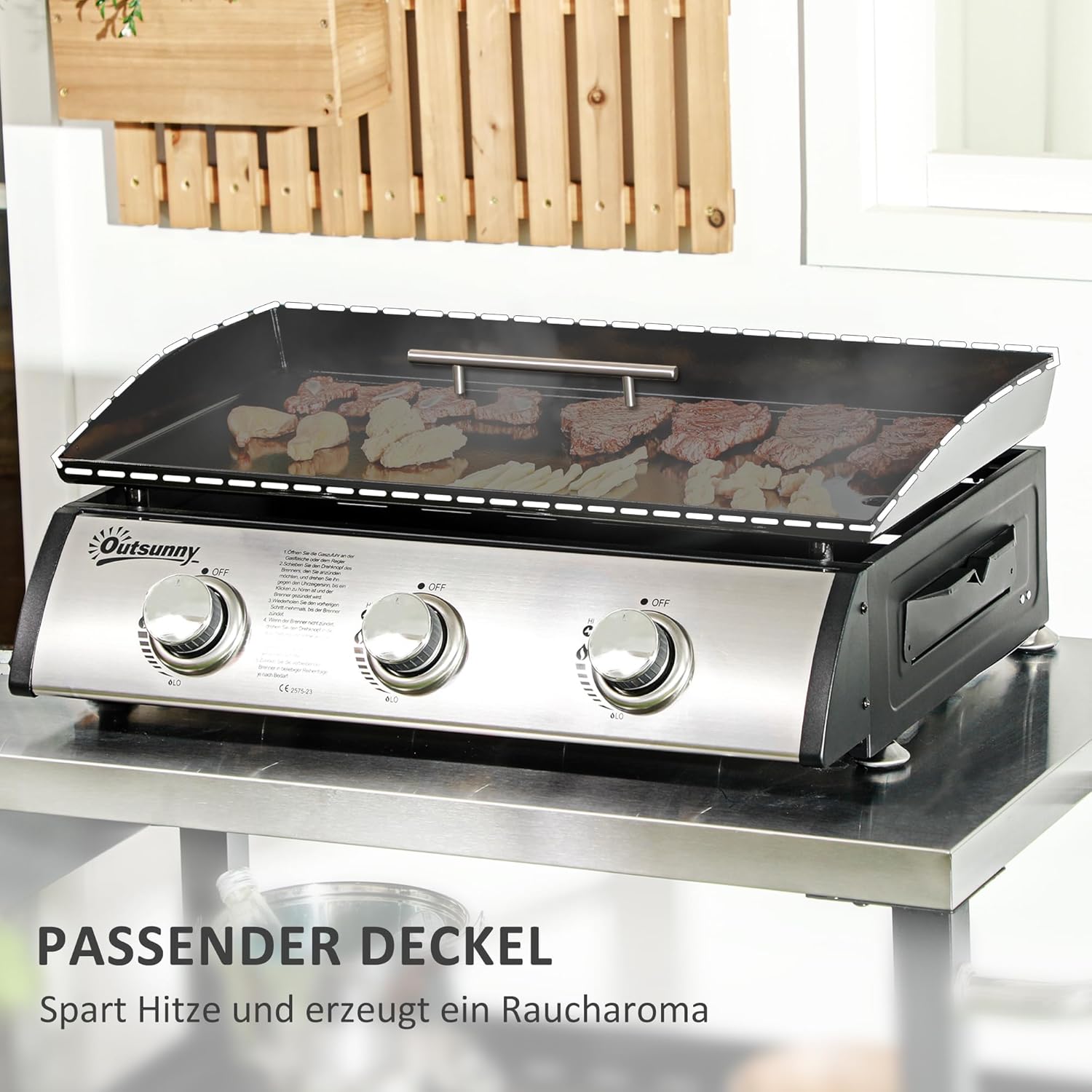 Outsunny Gasgrill mit 3 Brenner 7,5 kW Grillfläche 61 × 35,5 cm tragbarer Tischgrill mit Deckel Tischgasgrill aus Edelstahl BBQ Campinggrill für Garten Balkon Camping Schwarz — Ansicht 5