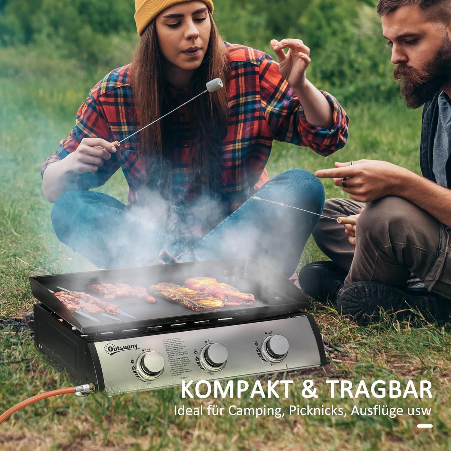 Outsunny Gasgrill mit 3 Brenner 7,5 kW Grillfläche 61 × 35,5 cm tragbarer Tischgrill mit Deckel Tischgasgrill aus Edelstahl BBQ Campinggrill für Garten Balkon Camping Schwarz — Ansicht 6