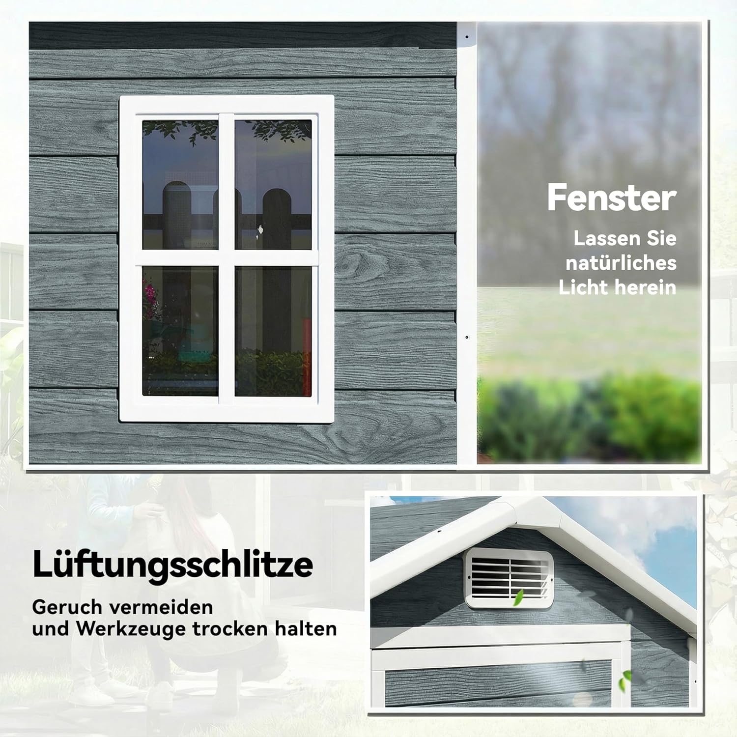Outsunny Gerätehaus 1,1 m2 Geräteschuppen mit Holzoptik Fenster 128 x 104 x 196 cm Kunststoff Gartenschuppen mit Satteldach Belüftung Boden Schloss Handschuhe, Gartenhaus für Werkzeuge Grau — Ansicht 4