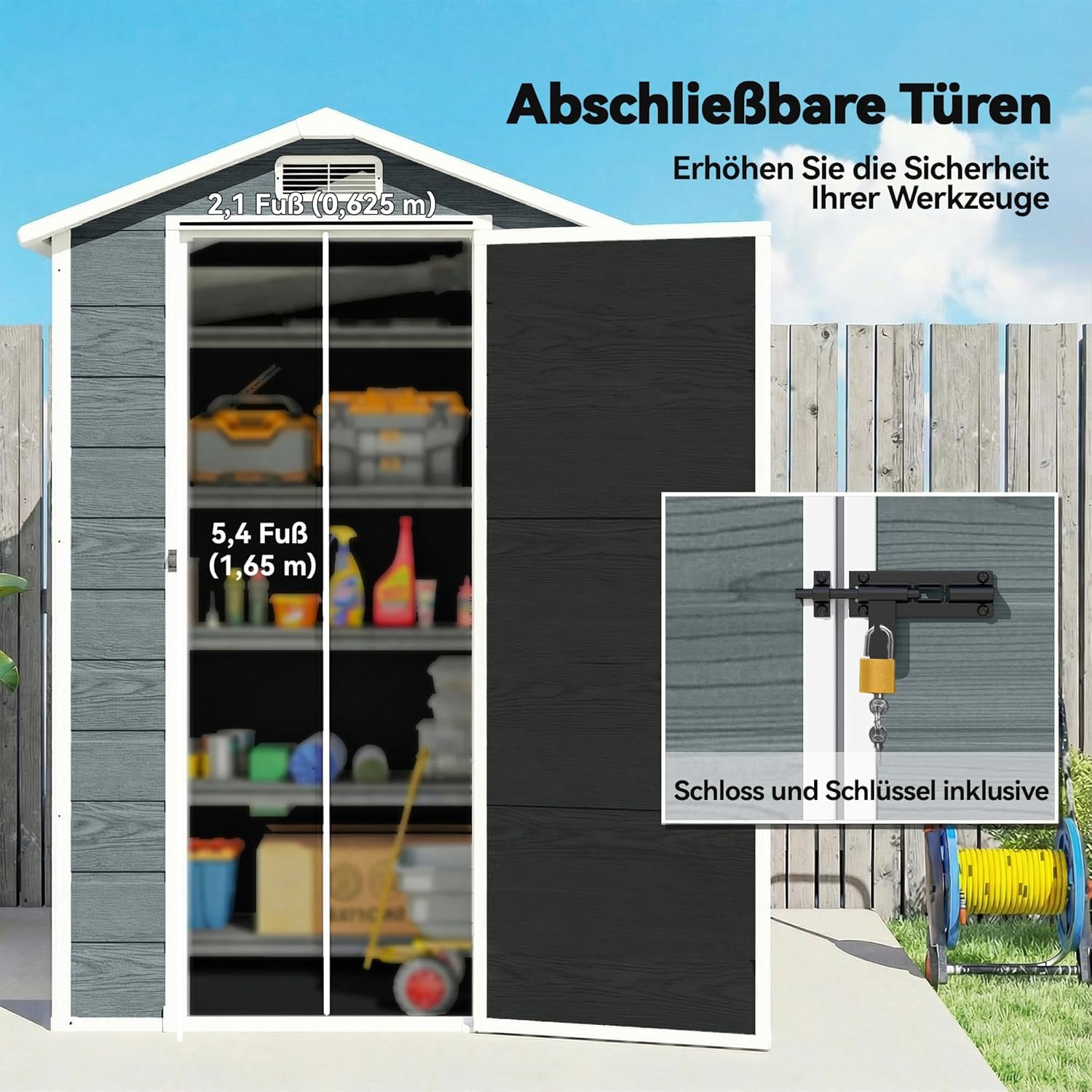 Outsunny Gerätehaus 1,1 m2 Geräteschuppen mit Holzoptik Fenster 128 x 104 x 196 cm Kunststoff Gartenschuppen mit Satteldach Belüftung Boden Schloss Handschuhe, Gartenhaus für Werkzeuge Grau — Ansicht 5
