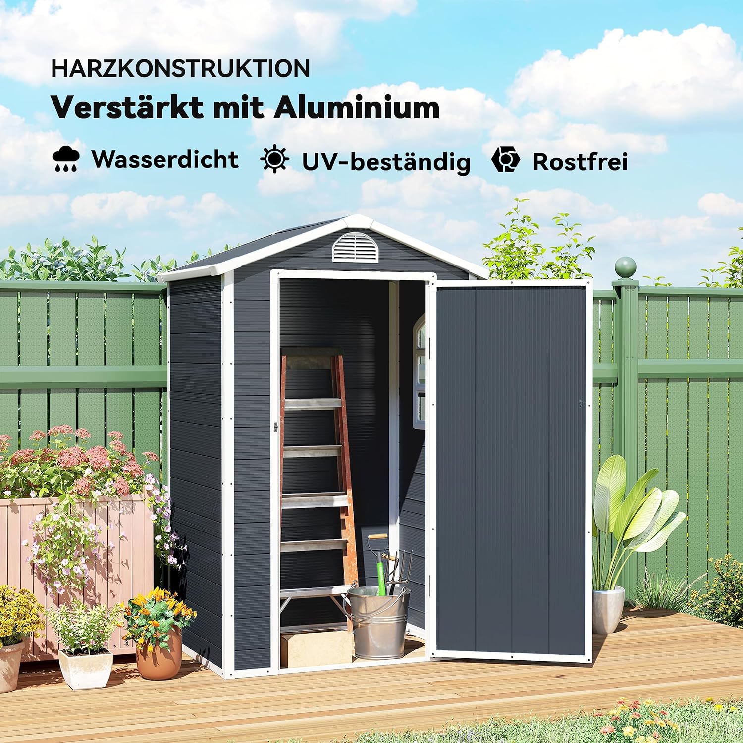 Outsunny Gerätehaus 1,1m2, Geräteschuppen mit Satteldach, 134 x 104 x 204 cm, Kunststoff Gartenchuppen mit Abschließbar Tür Belüftungsöffnung Fenster, Gartenhaus für Garten Dunkelgrau — Ansicht 4