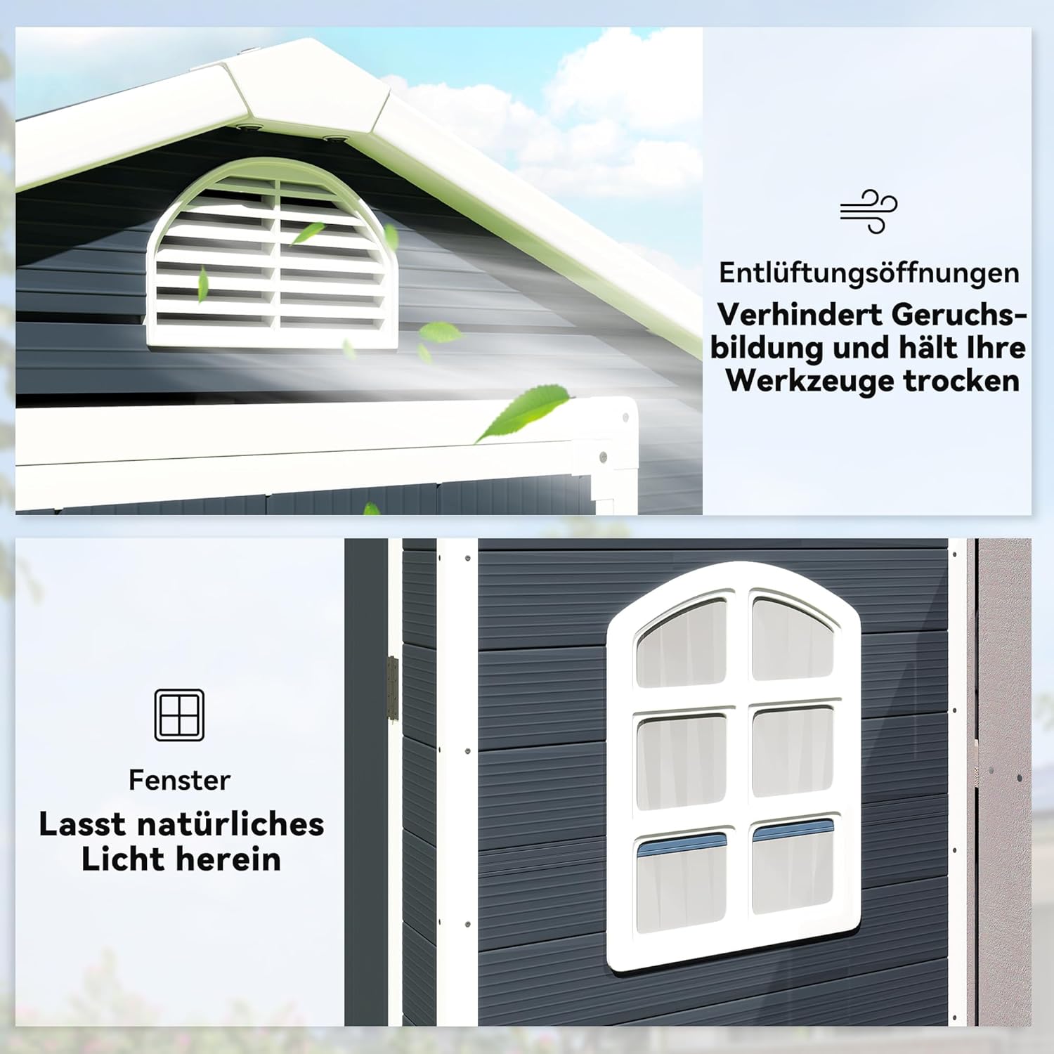 Outsunny Gerätehaus 1,1m2, Geräteschuppen mit Satteldach, 134 x 104 x 204 cm, Kunststoff Gartenchuppen mit Abschließbar Tür Belüftungsöffnung Fenster, Gartenhaus für Garten Dunkelgrau — Ansicht 5