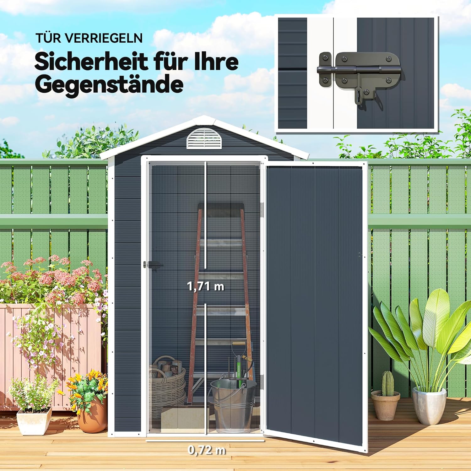 Outsunny Gerätehaus 1,1m2, Geräteschuppen mit Satteldach, 134 x 104 x 204 cm, Kunststoff Gartenchuppen mit Abschließbar Tür Belüftungsöffnung Fenster, Gartenhaus für Garten Dunkelgrau — Ansicht 6