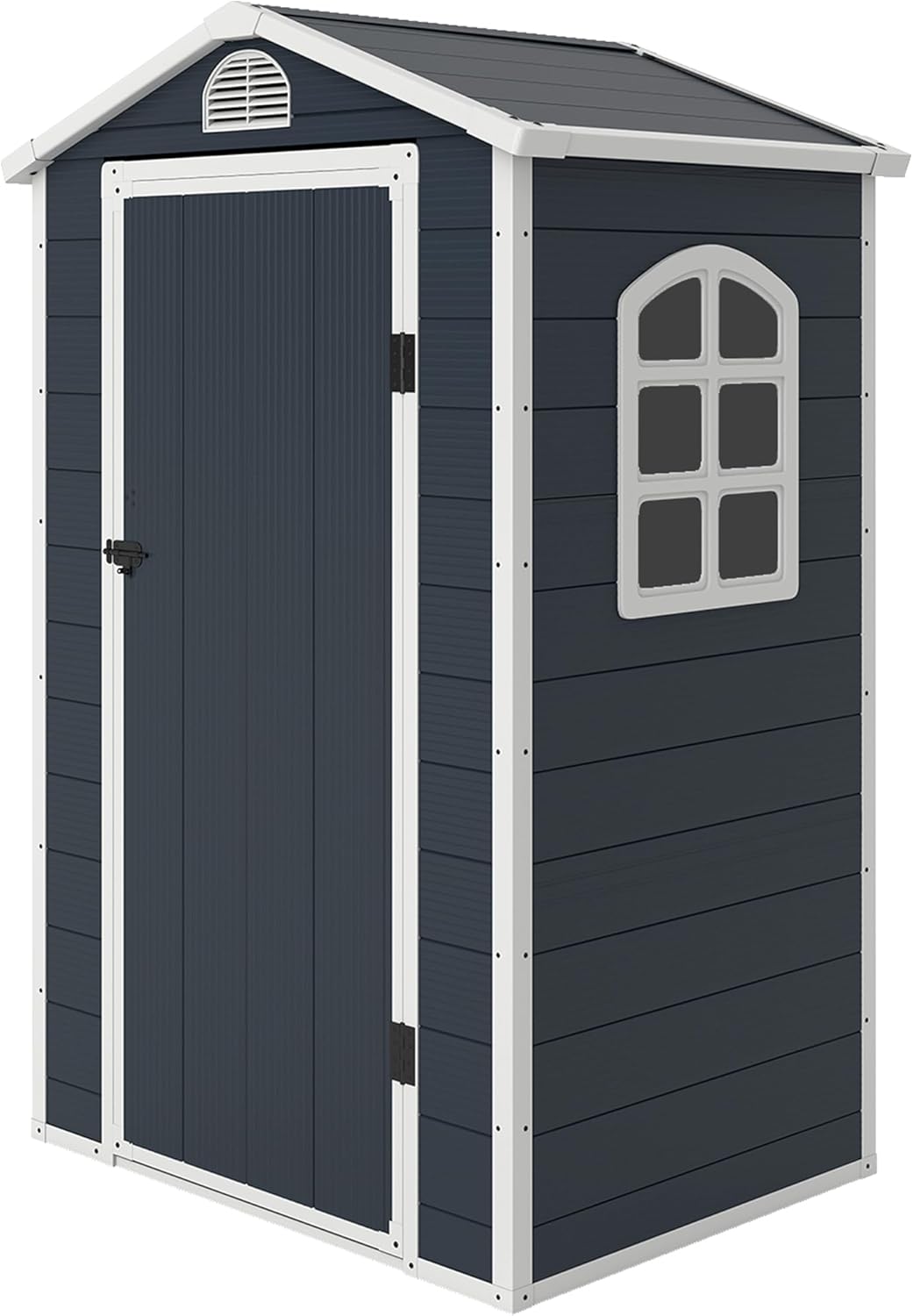 Outsunny Gerätehaus 1,1m2, Geräteschuppen mit Satteldach, 134 x 104 x 204 cm, Kunststoff Gartenchuppen mit Abschließbar Tür Belüftungsöffnung Fenster, Gartenhaus für Garten Dunkelgrau
