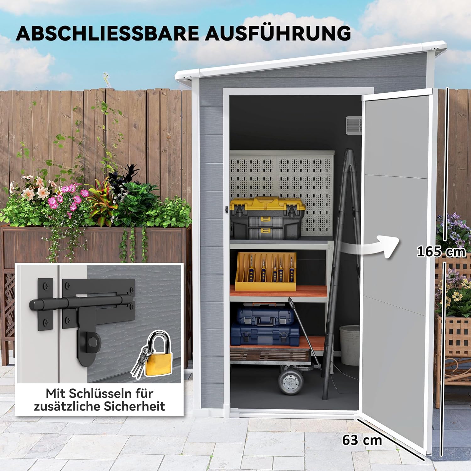 Outsunny Gerätehaus 1,54m3, Gartenhaus mit Pultdach, Boden 122 x 149 x 192/177 cm, wetterfest Geräteschuppen mit Abschließbar Tür, Fenster, Gartenschrank aus Kunststoff, für Hinterhof, Garten, Grau — Ansicht 5