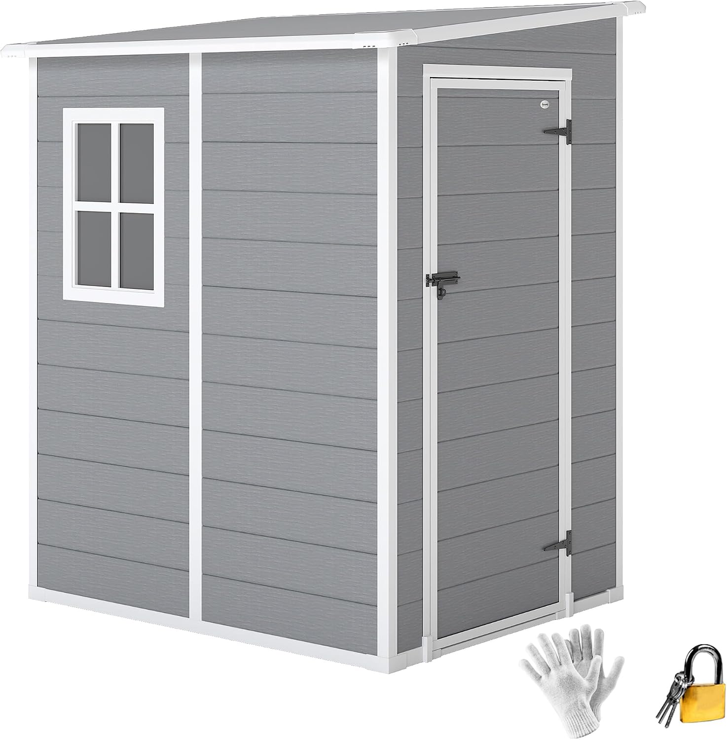 Outsunny Gerätehaus 1,54m3, Gartenhaus mit Pultdach, Boden 122 x 149 x 192/177 cm, wetterfest Geräteschuppen mit Abschließbar Tür, Fenster, Gartenschrank aus Kunststoff, für Hinterhof, Garten, Grau