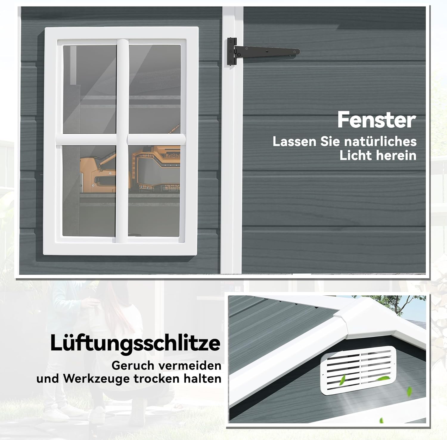 Outsunny Gerätehaus 2,77 m2 Geräteschuppen mit Holzoptik 2 Fenster 244x131x201cm Kunststoff Gartenschuppen mit Satteldach Doppeltür Belüftung Boden Schloss Handschuhe, Gartenhaus für Werkzeuge Fahrrad — Ansicht 4