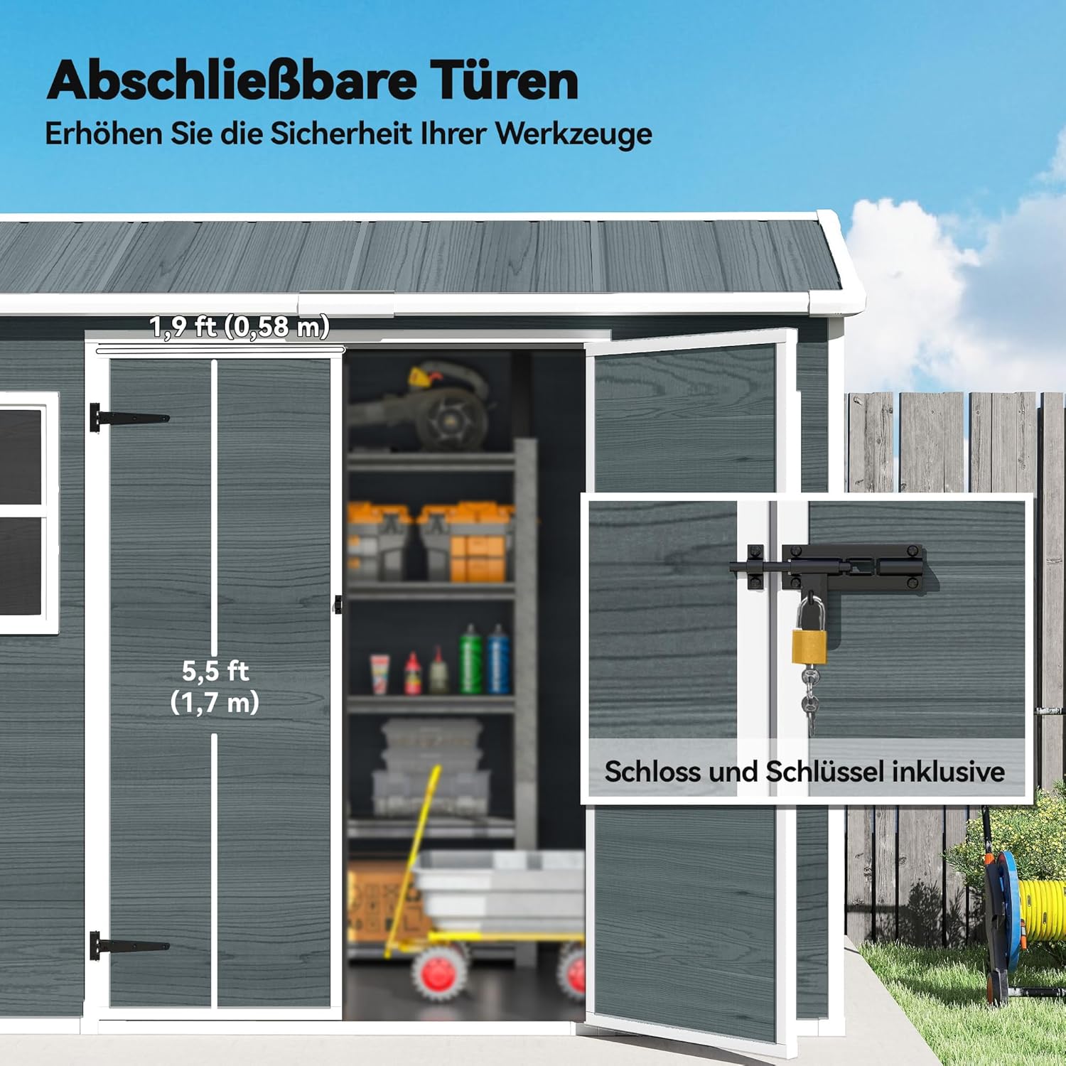 Outsunny Gerätehaus 2,77 m2 Geräteschuppen mit Holzoptik 2 Fenster 244x131x201cm Kunststoff Gartenschuppen mit Satteldach Doppeltür Belüftung Boden Schloss Handschuhe, Gartenhaus für Werkzeuge Fahrrad — Ansicht 5