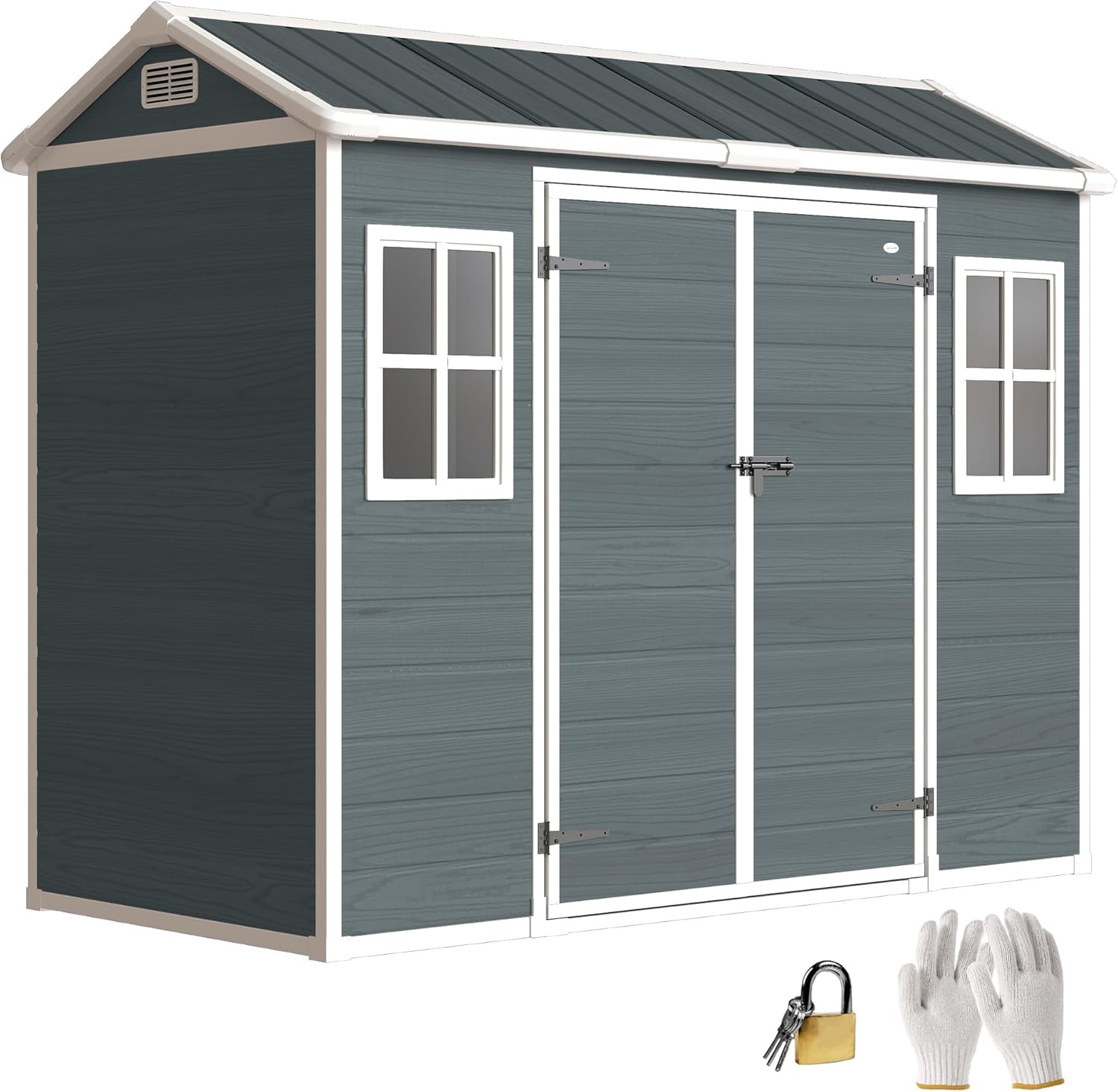 Outsunny Gerätehaus 2,77 m2 Geräteschuppen mit Holzoptik 2 Fenster 244x131x201cm Kunststoff Gartenschuppen mit Satteldach Doppeltür Belüftung Boden Schloss Handschuhe, Gartenhaus für Werkzeuge Fahrrad