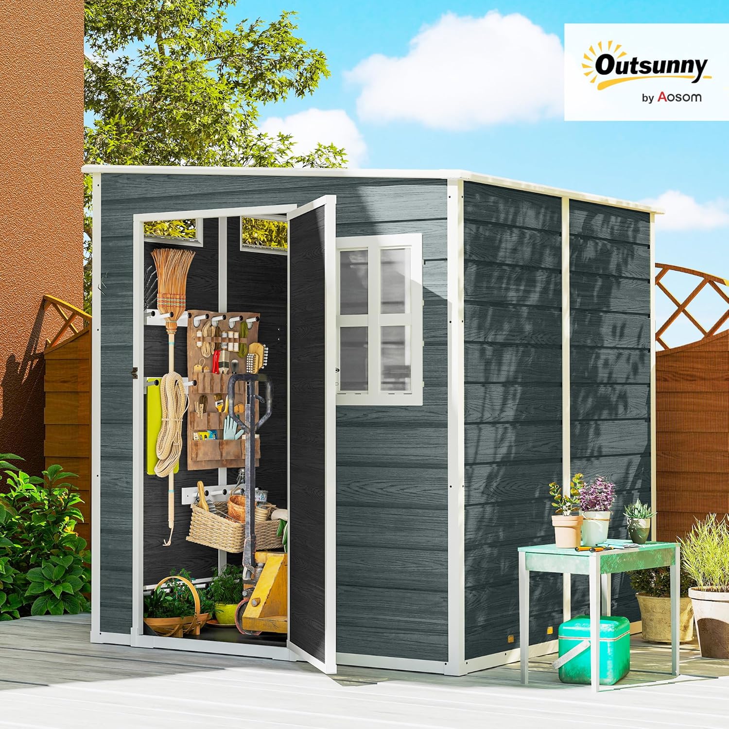 Outsunny Gerätehaus 2,89 m2 Geräteschuppen mit Holzoptik 3 Fenster 182 x 182 x 196 cm Kunststoff Gartenschuppen mit Belüftung Boden Schloss Handschuhe, Gartenhaus für Werkzeuge Fahrrad Grau — Ansicht 2