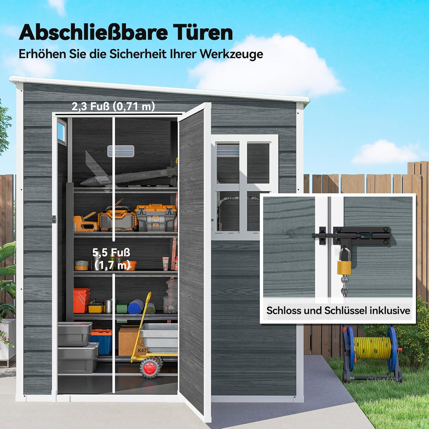 Outsunny Gerätehaus 2,89 m2 Geräteschuppen mit Holzoptik 3 Fenster 182 x 182 x 196 cm Kunststoff Gartenschuppen mit Belüftung Boden Schloss Handschuhe, Gartenhaus für Werkzeuge Fahrrad Grau — Ansicht 5