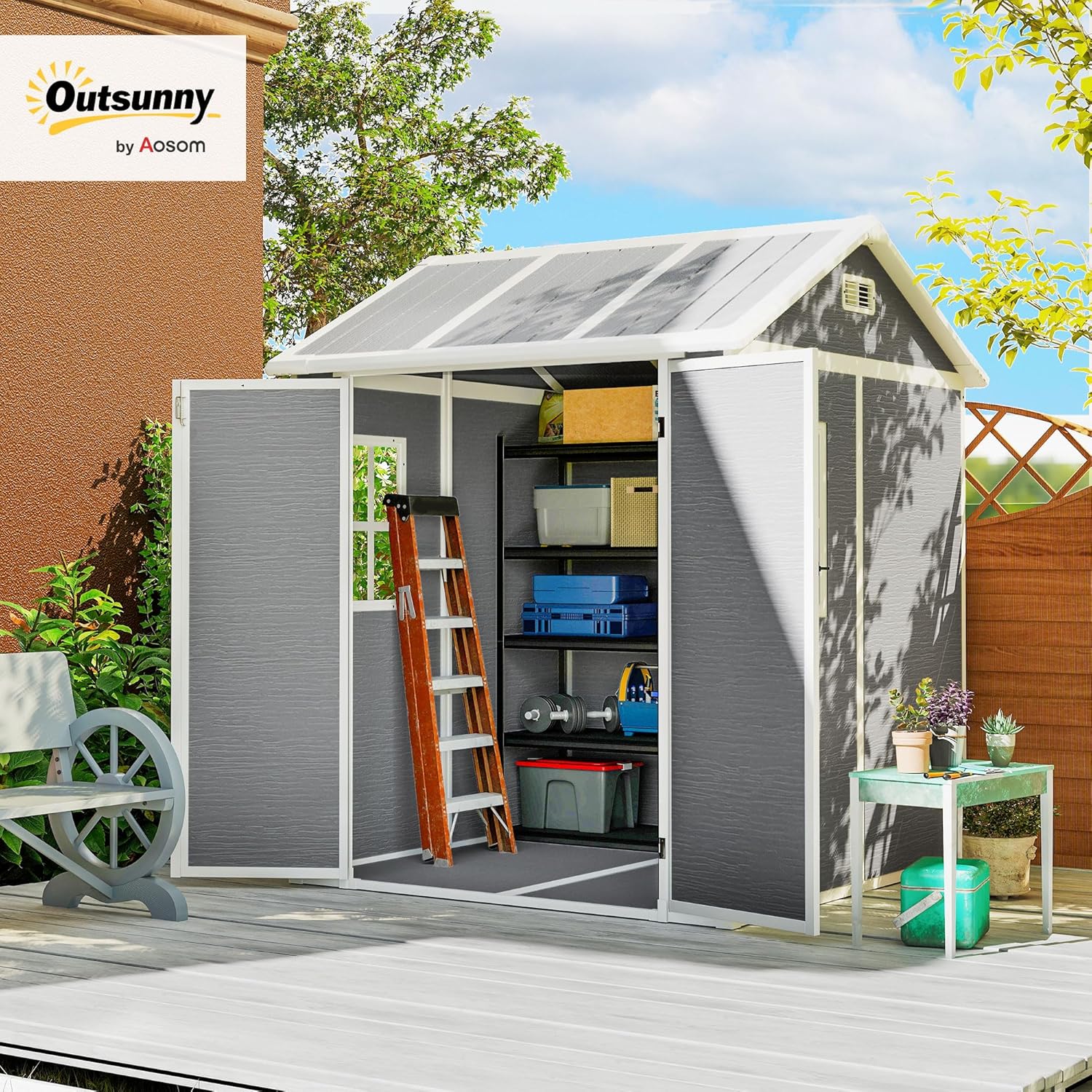 Outsunny Gerätehaus 2,91m2 181 x 181 x 220 cm Geräteschuppen mit Satteldach Boden Abschließbar Tür wetterfest Gartenhaus Kunststoff mit Fenster Outdoor Garten Schuppen für Hinterhof Außenbereich Grau — Ansicht 2