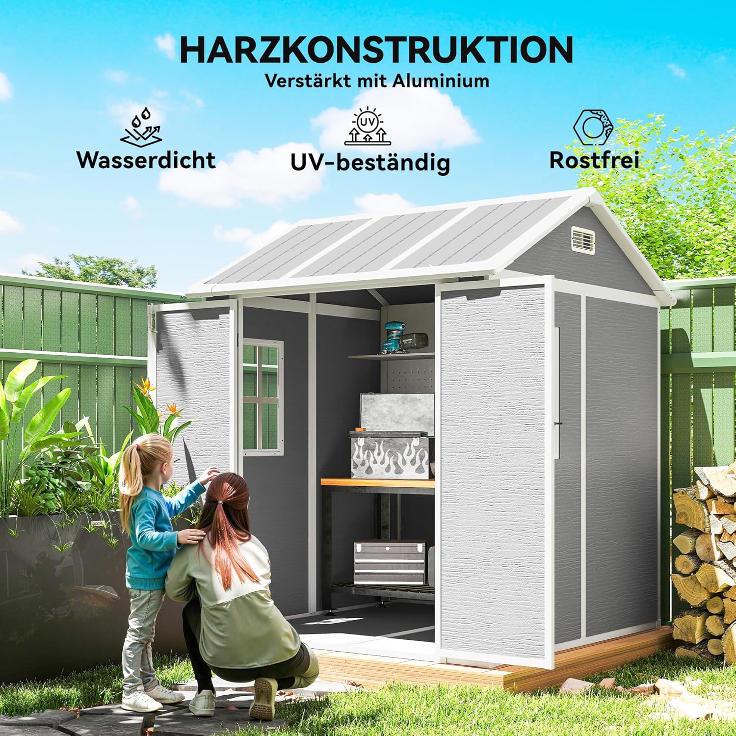 Outsunny Gerätehaus 2,91m2 181 x 181 x 220 cm Geräteschuppen mit Satteldach Boden Abschließbar Tür wetterfest Gartenhaus Kunststoff mit Fenster Outdoor Garten Schuppen für Hinterhof Außenbereich Grau — Ansicht 4