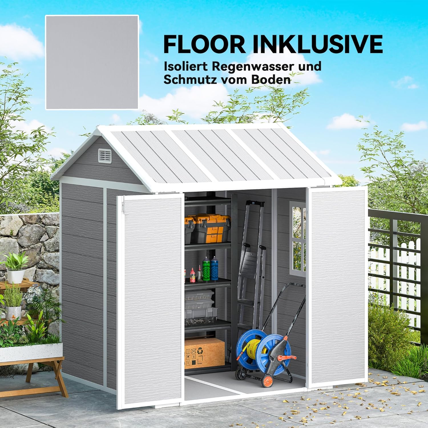 Outsunny Gerätehaus 2,91m2 181 x 181 x 220 cm Geräteschuppen mit Satteldach Boden Abschließbar Tür wetterfest Gartenhaus Kunststoff mit Fenster Outdoor Garten Schuppen für Hinterhof Außenbereich Grau — Ansicht 5