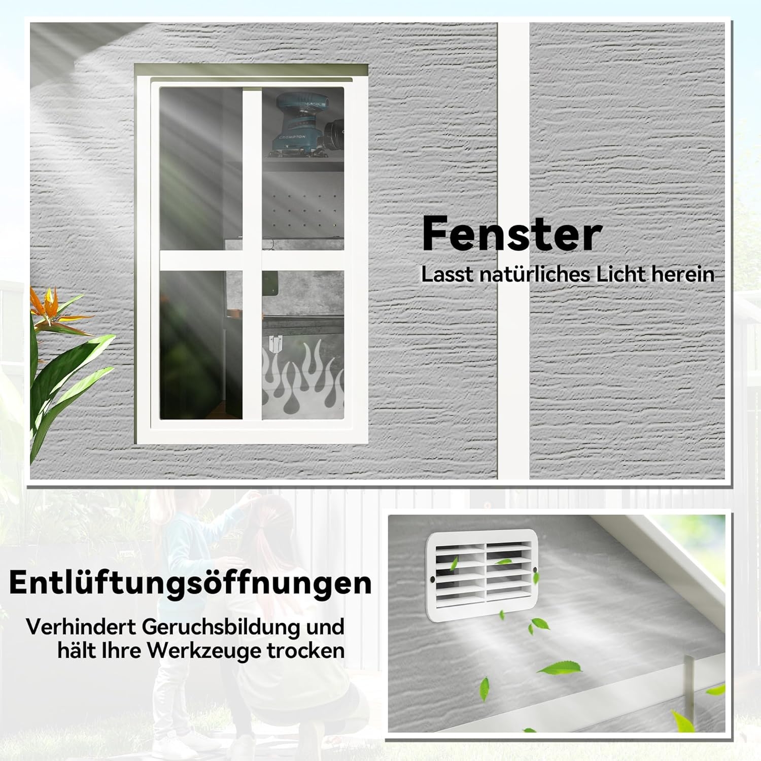 Outsunny Gerätehaus 2,91m2 181 x 181 x 220 cm Geräteschuppen mit Satteldach Boden Abschließbar Tür wetterfest Gartenhaus Kunststoff mit Fenster Outdoor Garten Schuppen für Hinterhof Außenbereich Grau — Ansicht 6