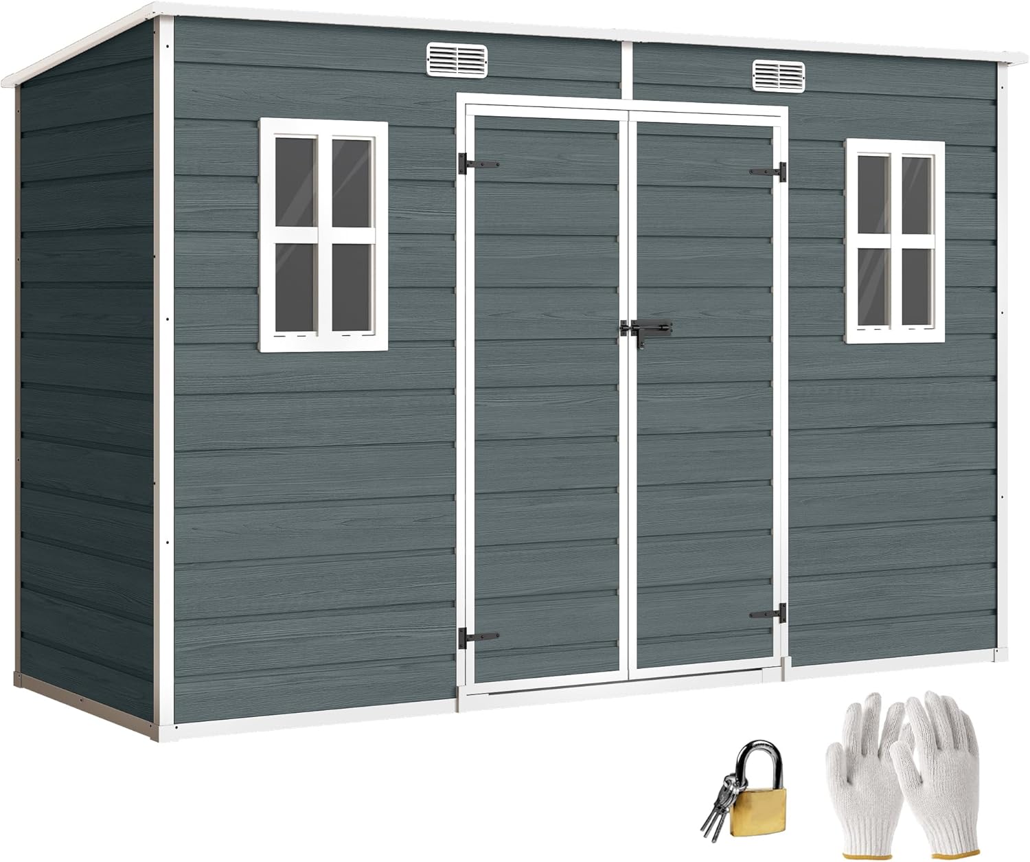 Outsunny Gerätehaus 3,2m2, Geräteschuppen mit Pultdach, 303x123x197cm, Kunststoff Gartenschuppen mit Fenster Doppeltür Schloss Belüftungsöffnung Boden Holzoptik, Gartenhaus für Werkzeuge Grau