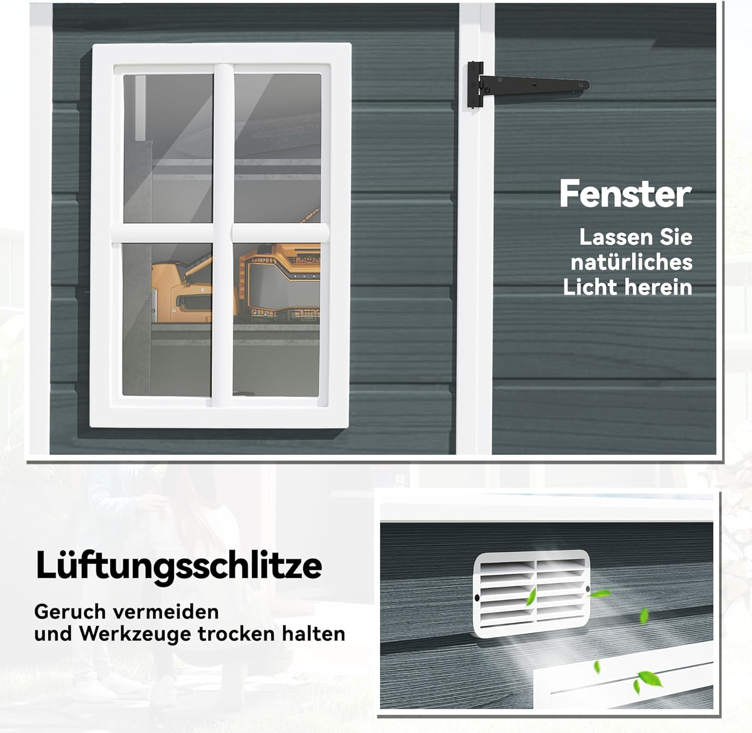Outsunny Gerätehaus 3,2m2, Geräteschuppen mit Pultdach, 303x123x197cm, Kunststoff Gartenschuppen mit Fenster Doppeltür Schloss Belüftungsöffnung Boden Holzoptik, Gartenhaus für Werkzeuge Grau — Ansicht 4