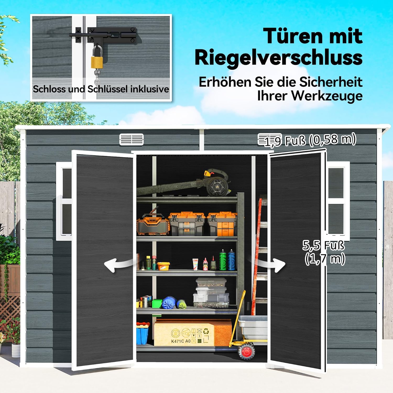 Outsunny Gerätehaus 3,2m2, Geräteschuppen mit Pultdach, 303x123x197cm, Kunststoff Gartenschuppen mit Fenster Doppeltür Schloss Belüftungsöffnung Boden Holzoptik, Gartenhaus für Werkzeuge Grau — Ansicht 5