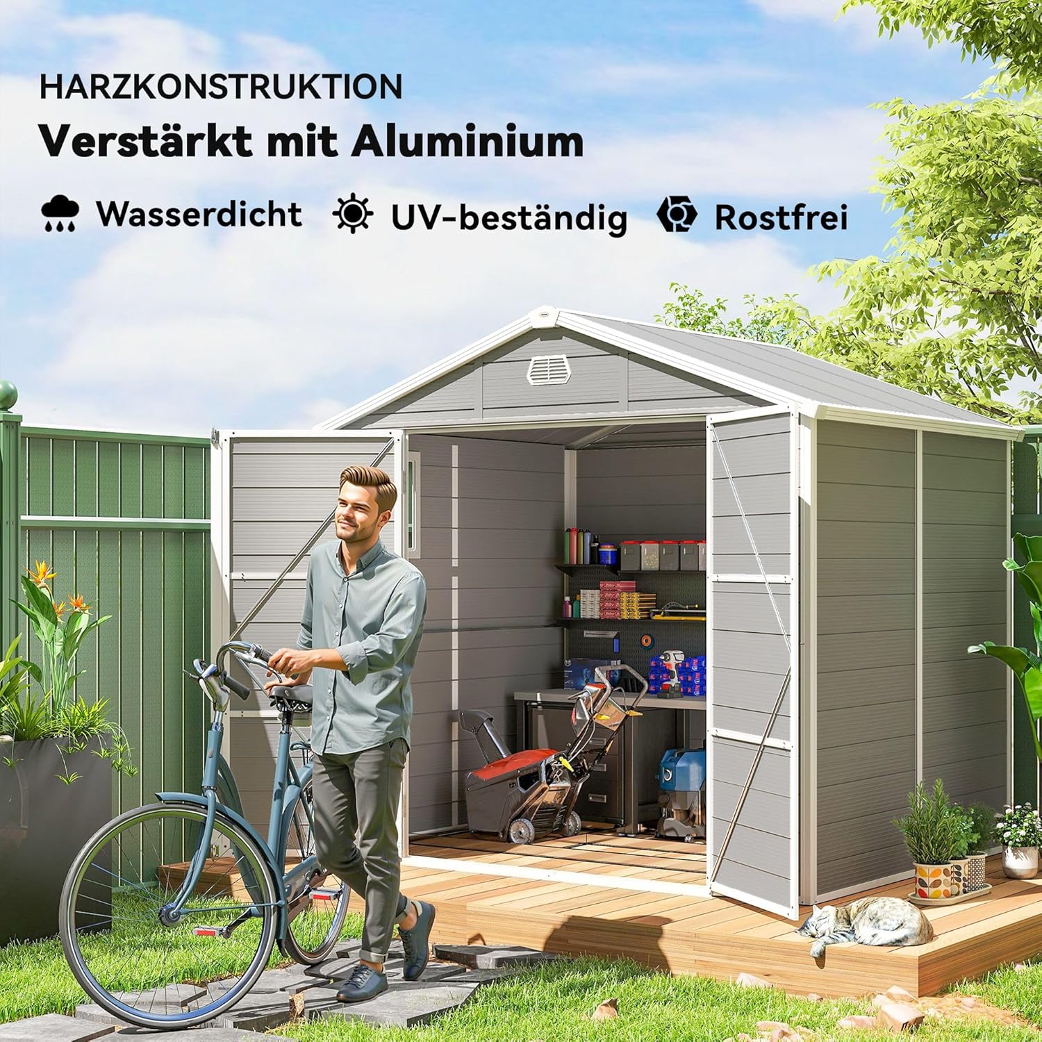 Outsunny Gerätehaus 4,1m2, Geräteschuppen mit Satteldach, 240 x 190 x 228 cm, Kunststoff Gartenchuppen mit Abschließbar Tür Belüftungsöffnung Fenster Fundament, Gartenhaus für Garten Hellgrau — Ansicht 3