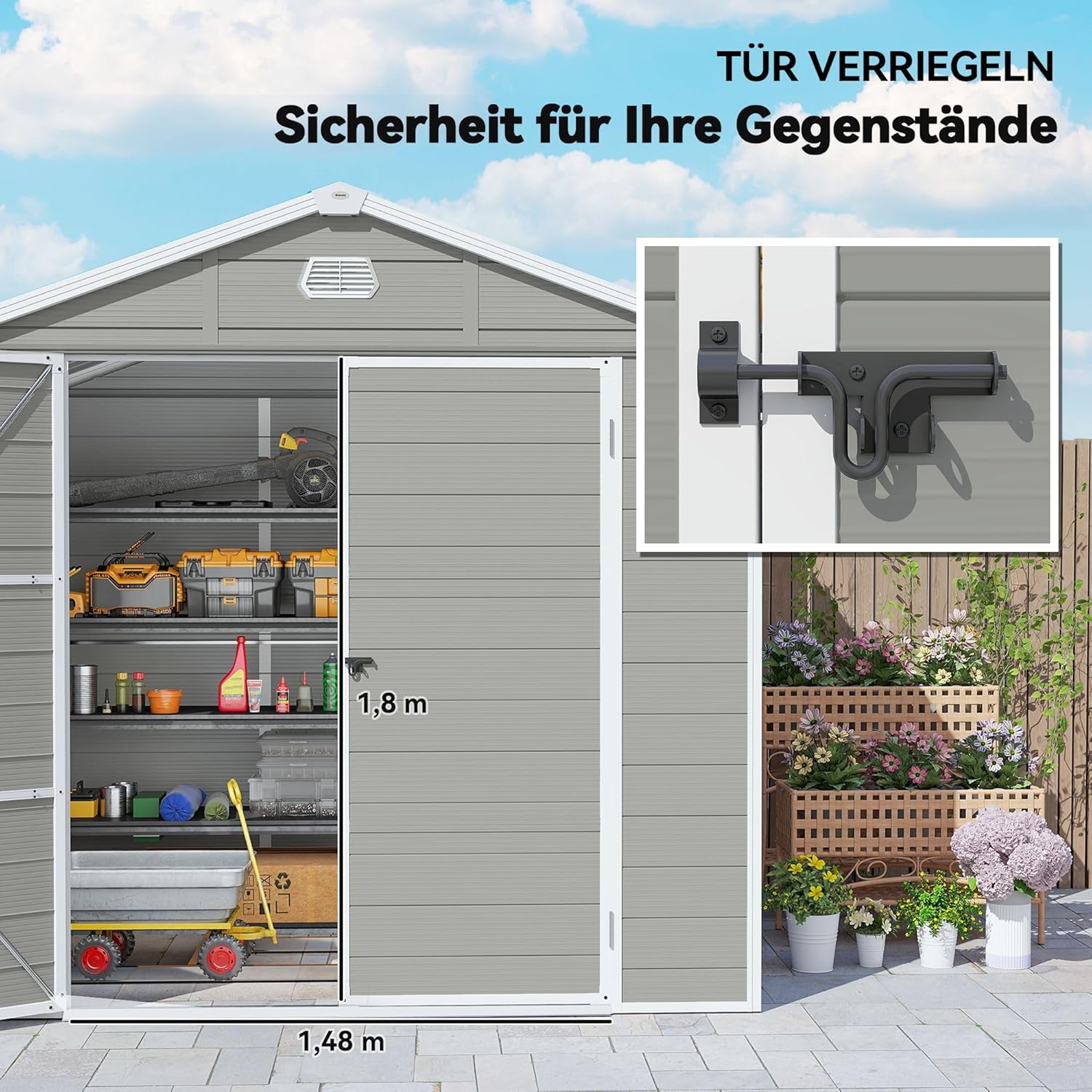 Outsunny Gerätehaus 4,1m2, Geräteschuppen mit Satteldach, 240 x 190 x 228 cm, Kunststoff Gartenchuppen mit Abschließbar Tür Belüftungsöffnung Fenster Fundament, Gartenhaus für Garten Hellgrau — Ansicht 6