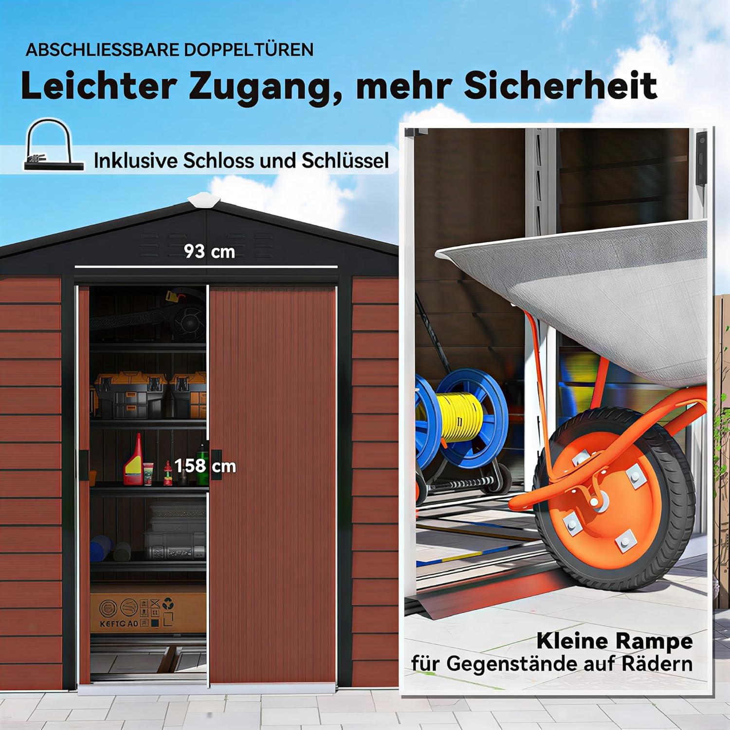 Outsunny Gerätehaus 4,4 m2, Gartenhaus mit Pultdach, Schiebetür, Fundament, Einfach Montage 240 x 206 x 198 cm, Geräteschuppen aus Verzinkter Stahl, wetterfest, für Garten, Teak — Ansicht 5