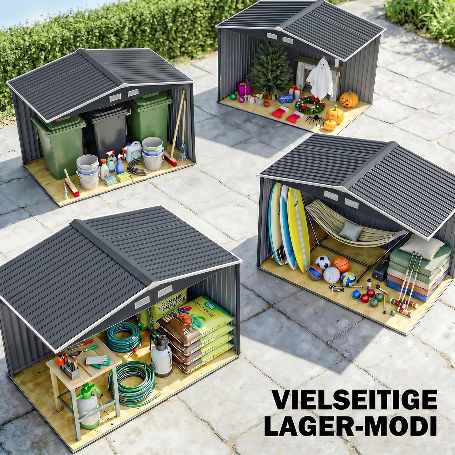 Outsunny Gerätehaus 4,9 m2, Gartenhaus mit Satteldach, Schiebetür, Fundament, 277 x 195 x 192 cm, Geräteschuppen aus Verzinkter Stahl, wetterfest, für Garten, Dunkelgrau — Ansicht 6