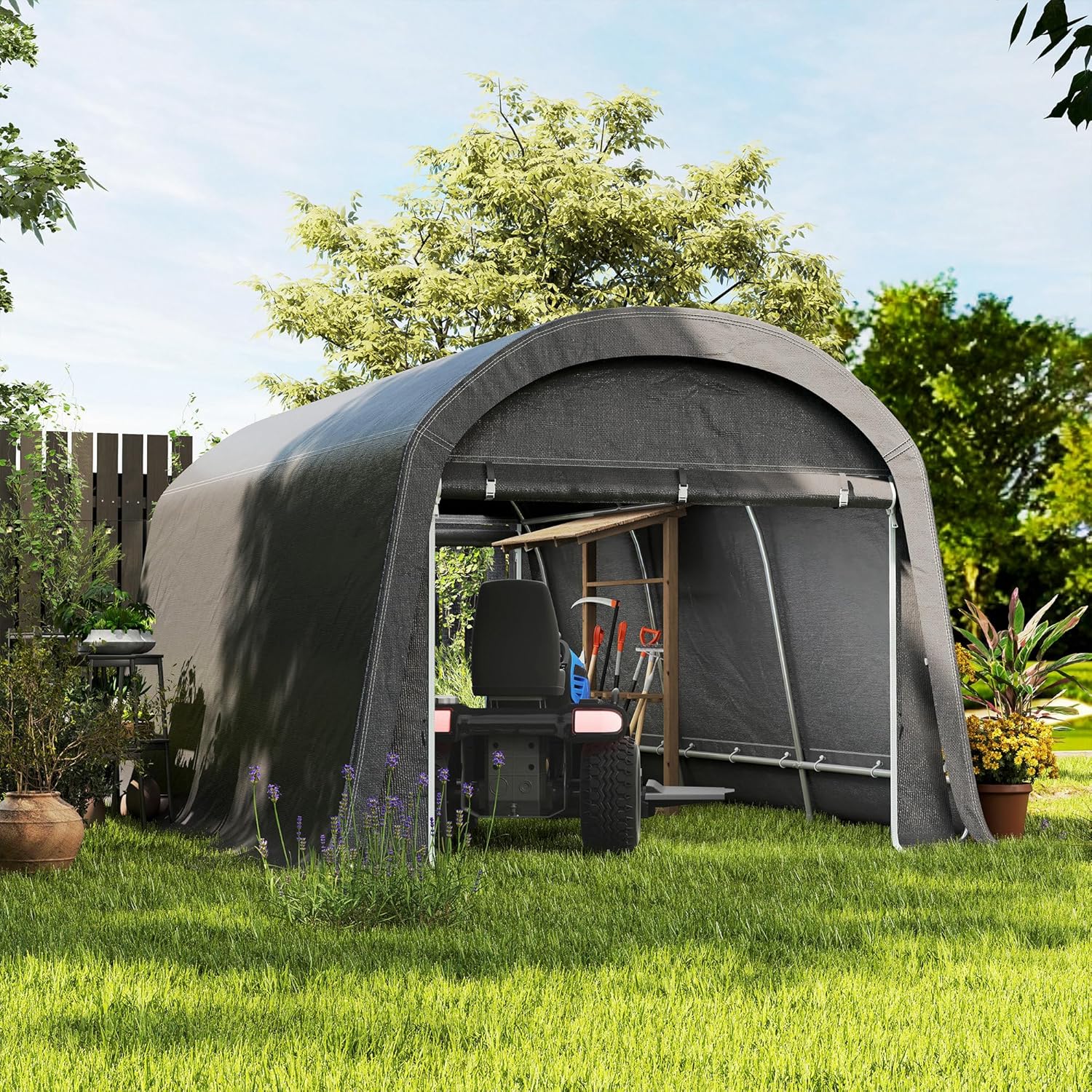 Outsunny Gerätehaus für Fahrräder, wasserdicht Gerätezelt mit Tür, Anti-Staub-Fahrradabdeckung, Unterstand, Foliengerätehaus Fahrradschuppen Fahradgarage für Garten 300x450x230 cm, Dunkelgrau — Ansicht 6