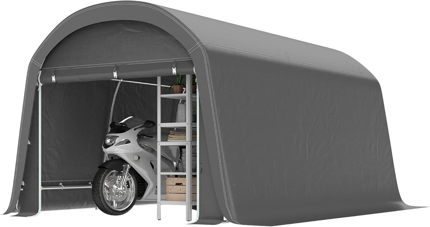 Outsunny Gerätehaus für Fahrräder, wasserdicht Gerätezelt mit Tür, Anti-Staub-Fahrradabdeckung, Unterstand, Foliengerätehaus Fahrradschuppen Fahradgarage für Garten 300x450x230 cm, Dunkelgrau