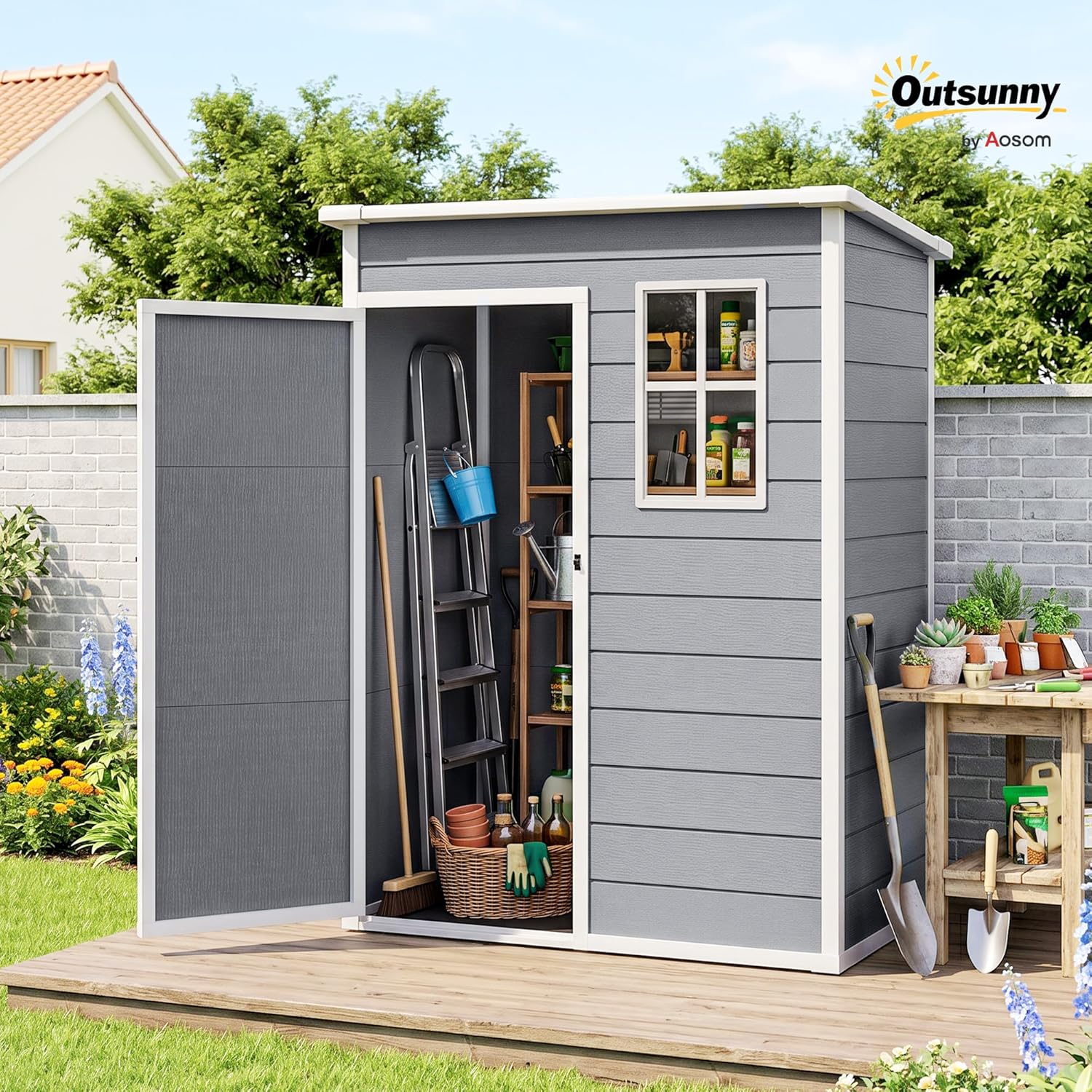 Outsunny Gerätehaus Kunststoff 1,14m2 151 x 92 x 193cm Geräteschuppen mit Pultdach Boden Fenster Abschließbarer Tür wetterfest Gartenhaus Outdoor Garten Schuppen für Hinterhof Grau — Ansicht 2