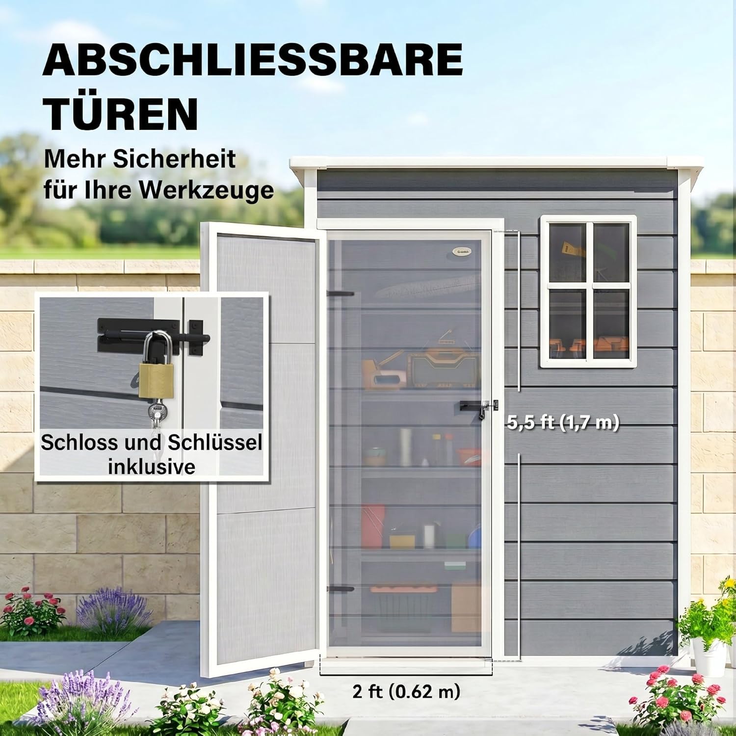 Outsunny Gerätehaus Kunststoff 1,14m2 151 x 92 x 193cm Geräteschuppen mit Pultdach Boden Fenster Abschließbarer Tür wetterfest Gartenhaus Outdoor Garten Schuppen für Hinterhof Grau — Ansicht 5