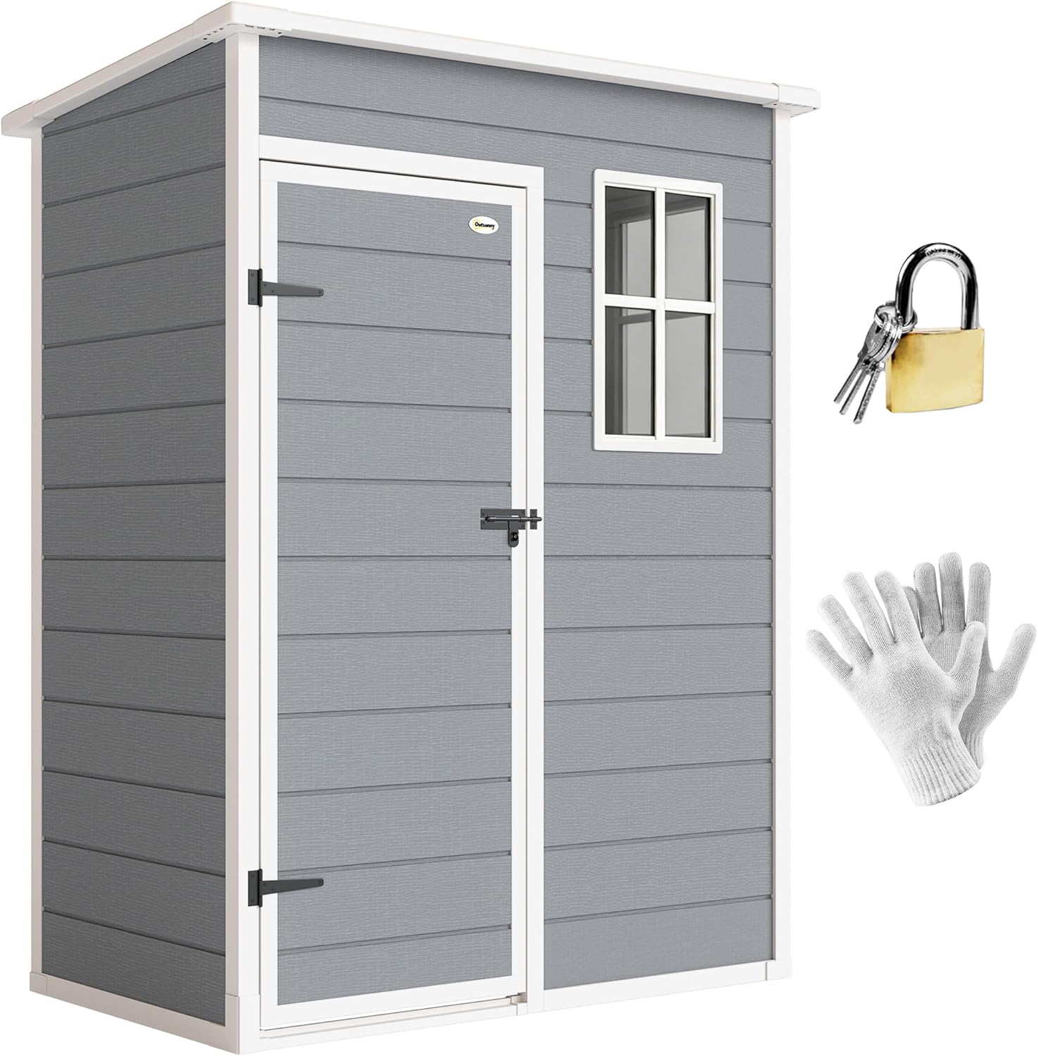Outsunny Gerätehaus Kunststoff 1,14m2 151 x 92 x 193cm Geräteschuppen mit Pultdach Boden Fenster Abschließbarer Tür wetterfest Gartenhaus Outdoor Garten Schuppen für Hinterhof Grau