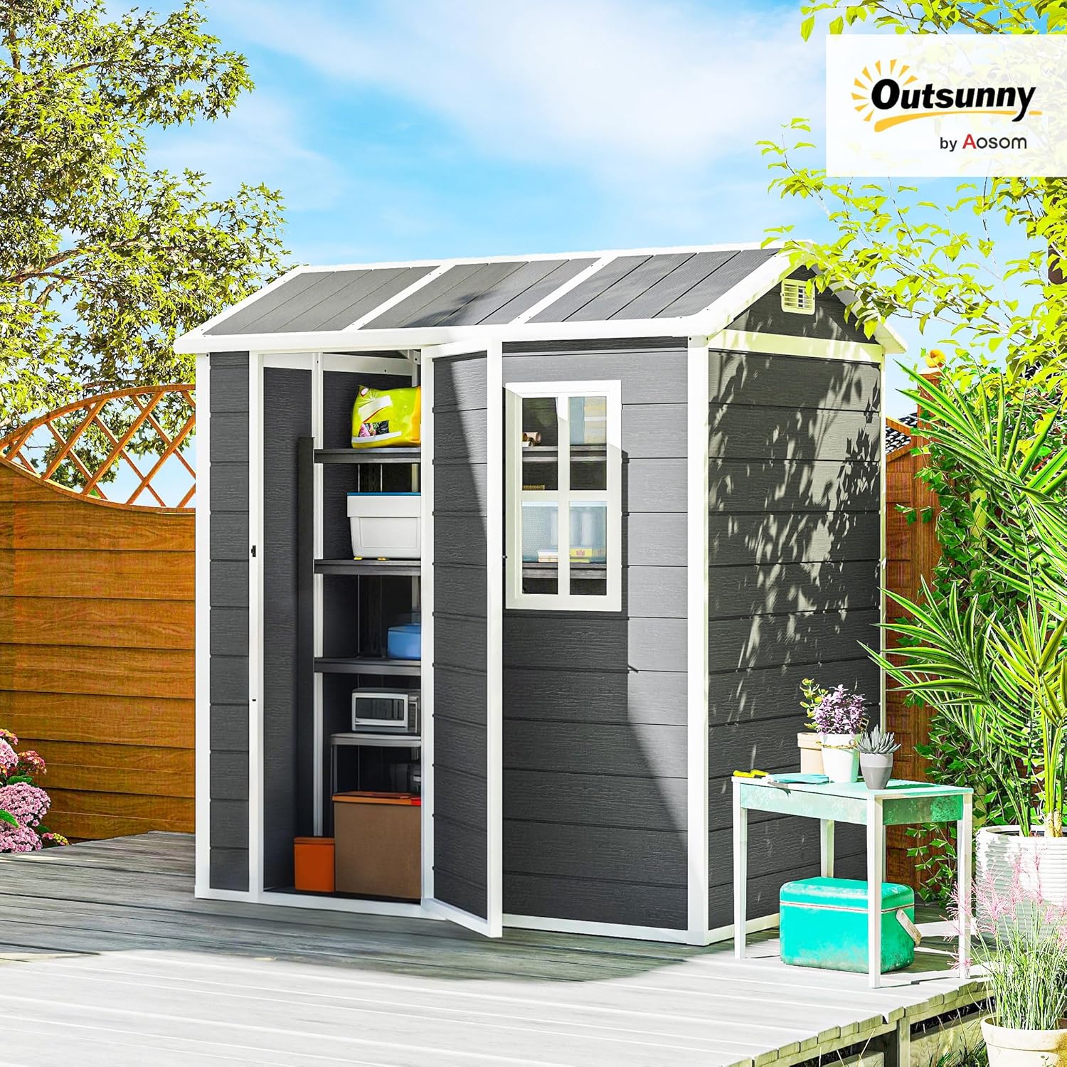 Outsunny Gerätehaus Kunststoff 2,1m2 186 x 130 x 199cm Geräteschuppen mit Satteldach Boden Fenster Abschließbarer Tür wetterfest Gartenhaus Outdoor Garten Schuppen für Hinterhof Grau — Ansicht 2