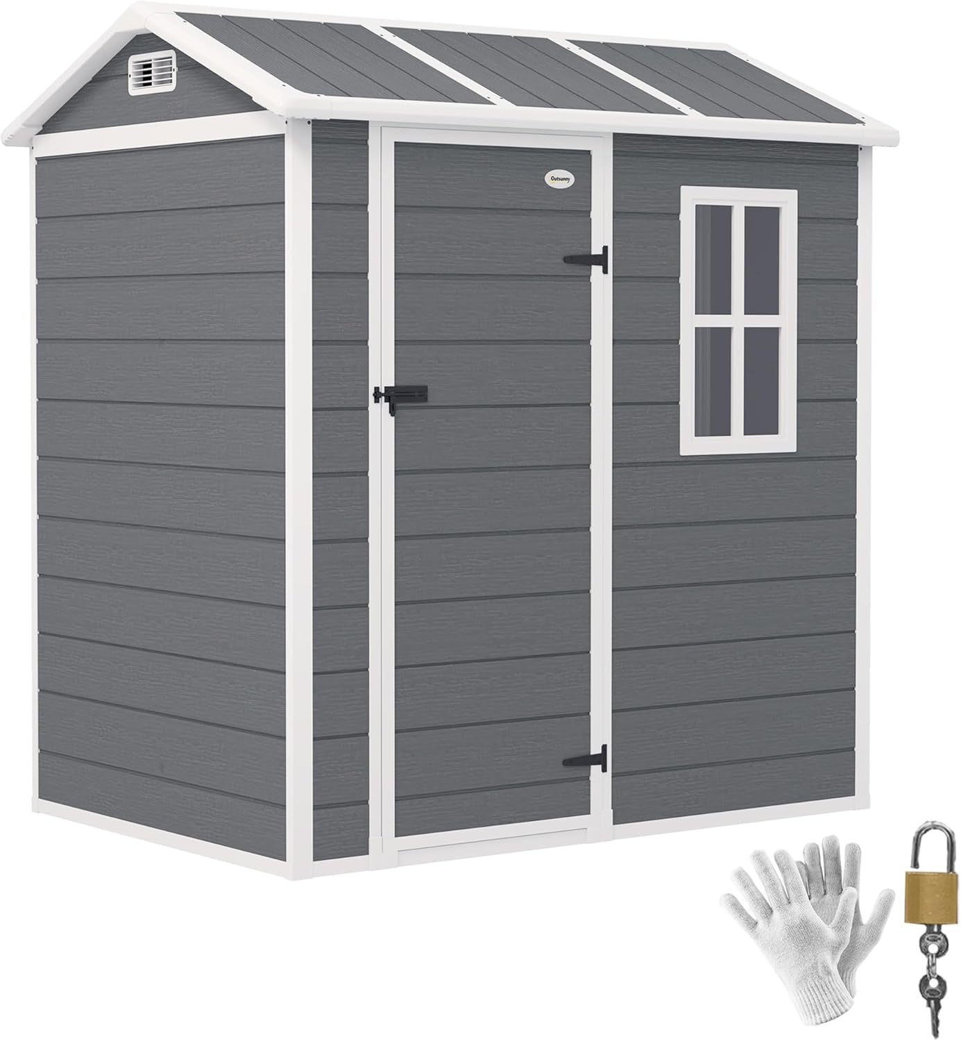 Outsunny Gerätehaus Kunststoff 2,1m2 186 x 130 x 199cm Geräteschuppen mit Satteldach Boden Fenster Abschließbarer Tür wetterfest Gartenhaus Outdoor Garten Schuppen für Hinterhof Grau