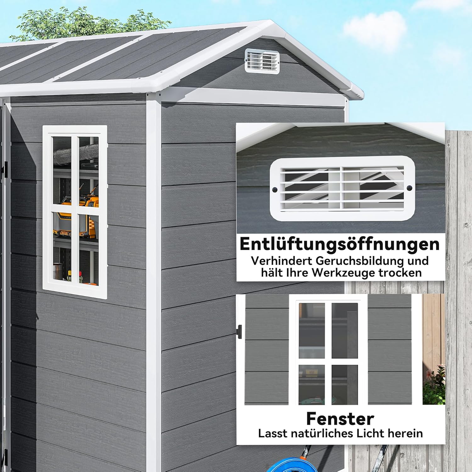 Outsunny Gerätehaus Kunststoff 2,1m2 186 x 130 x 199cm Geräteschuppen mit Satteldach Boden Fenster Abschließbarer Tür wetterfest Gartenhaus Outdoor Garten Schuppen für Hinterhof Grau — Ansicht 6