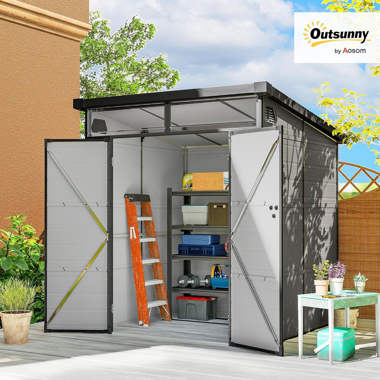 Outsunny Gerätehaus Kunststoff 3,24m3 190x191x215cm Geräteschuppen mit Pultdach, Abschließbarer Tür, wetterfest Gartenhaus, Outdoor Garten Schuppen Schrank für Hinterhof, Außenbereich, Hellgrau — Ansicht 2