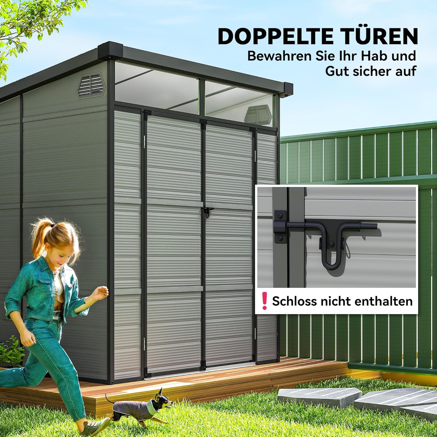 Outsunny Gerätehaus Kunststoff 3,24m3 190x191x215cm Geräteschuppen mit Pultdach, Abschließbarer Tür, wetterfest Gartenhaus, Outdoor Garten Schuppen Schrank für Hinterhof, Außenbereich, Hellgrau — Ansicht 6