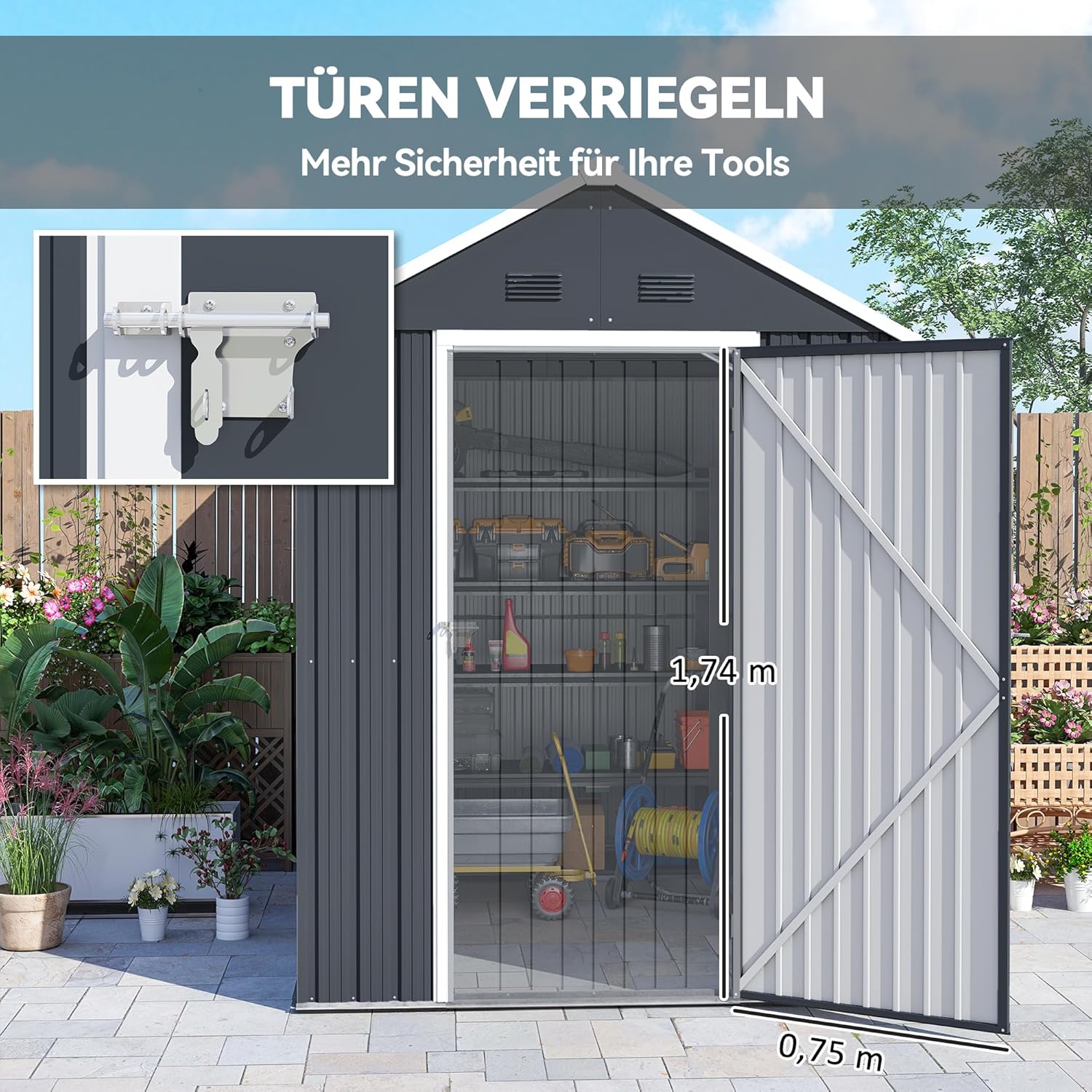 Outsunny Geräteschuppen 4m2, Stahl Gartenhaus mit Fenster 259 x 172 x 222 cm abschließbares Gerätehaus, Gartenschrank für Terrasse, Balkon, Dunkelgrau — Ansicht 6