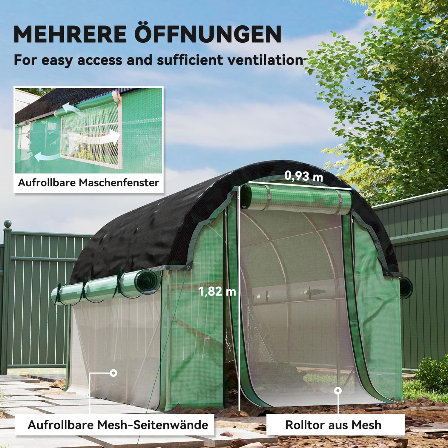 Outsunny Gewächshaus 3 x 2 x 2 m Foliengewächshaus mit 6 Fenster, Rolltüren, Aufrollbar Seitenwänden, UV-beständiger Folientunnel, Winterfest Tomatenhaus mit Erdanker, Grün — Ansicht 4