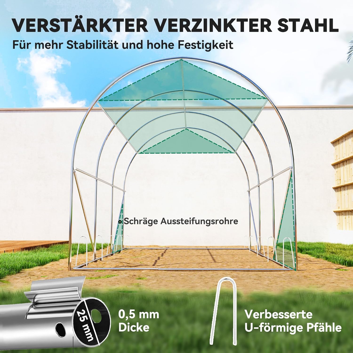 Outsunny Gewächshaus 3 x 2 x 2 m Foliengewächshaus mit 6 Fenster, Rolltüren, Aufrollbar Seitenwänden, UV-beständiger Folientunnel, Winterfest Tomatenhaus mit Erdanker, Grün — Ansicht 6